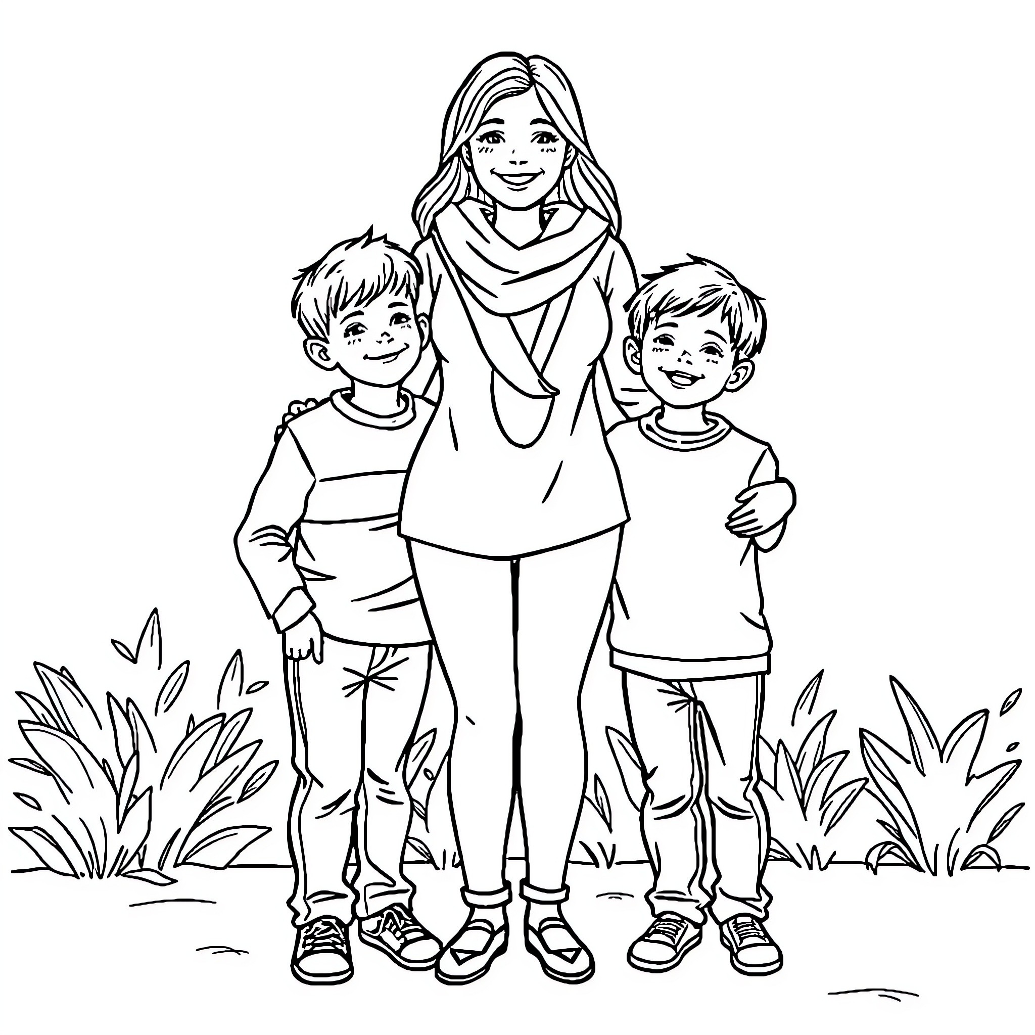 Mother embracing her children in the park Coloring Page (free black-and-white line drawing printable PDF for all, from beginners to advanced learners, including children, teens, adults, and seniors)