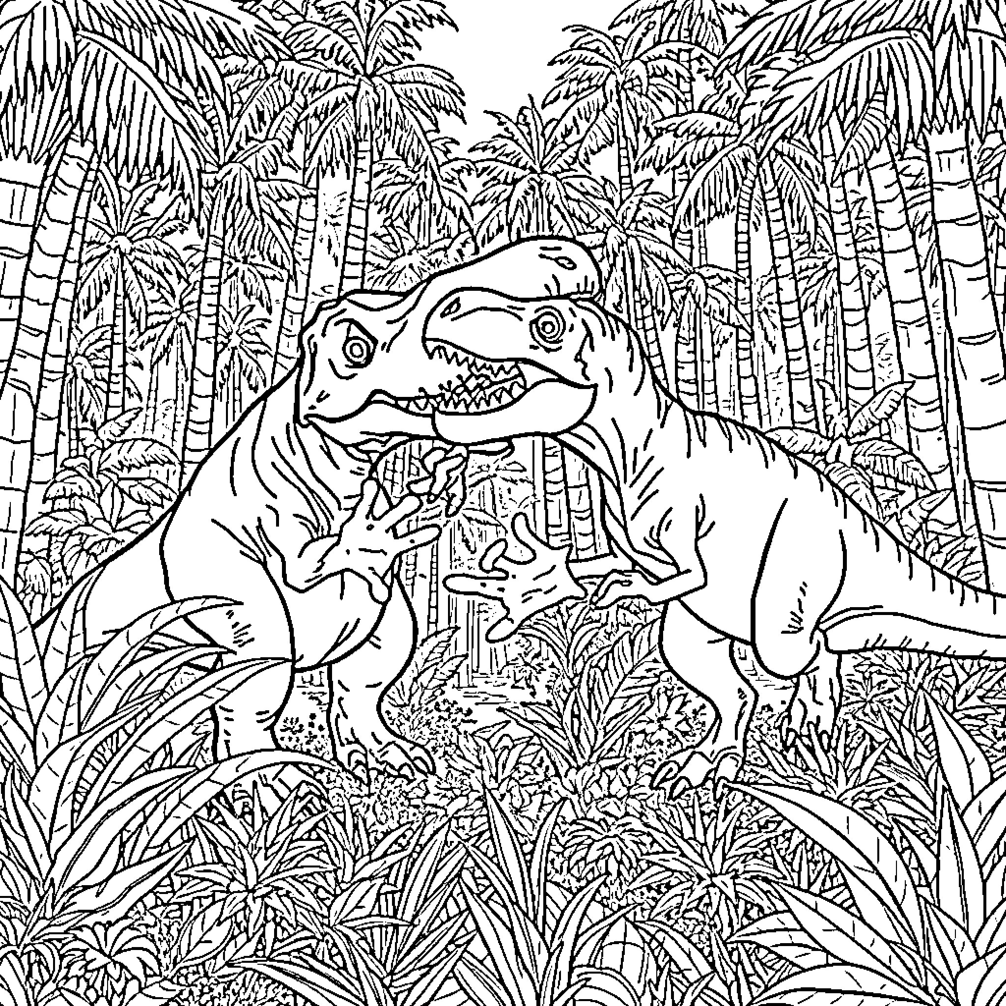 Dinosaur Roaring in Lush Jungle Landscape Coloring Page (free black-and-white line drawing printable PDF for all, from beginners to advanced learners, including children, teens, adults, and seniors)