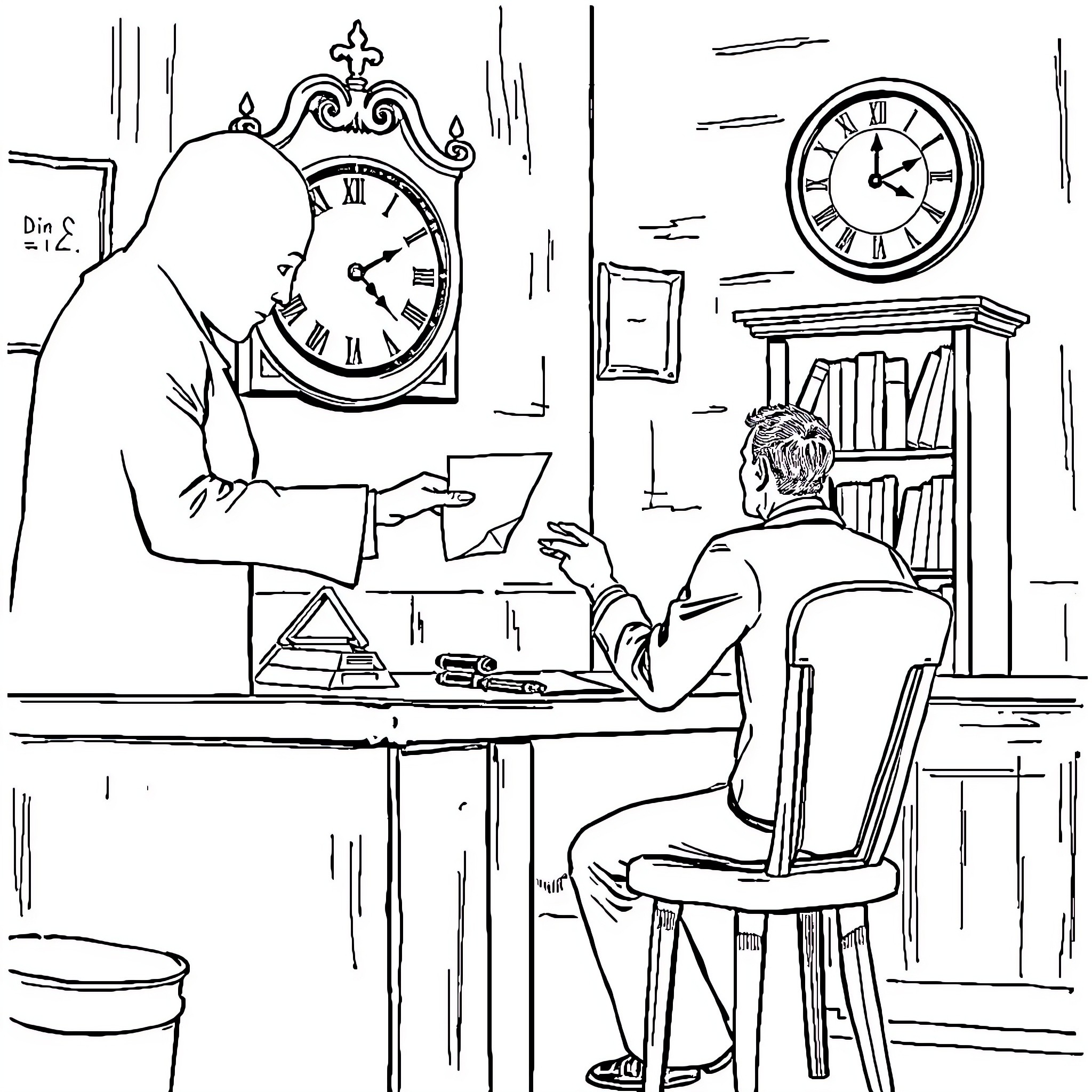 Figure Depicting Two Men Working in an Office Coloring Page (free black-and-white line drawing printable PDF for all, from beginners to advanced learners, including children, teens, adults, and seniors)