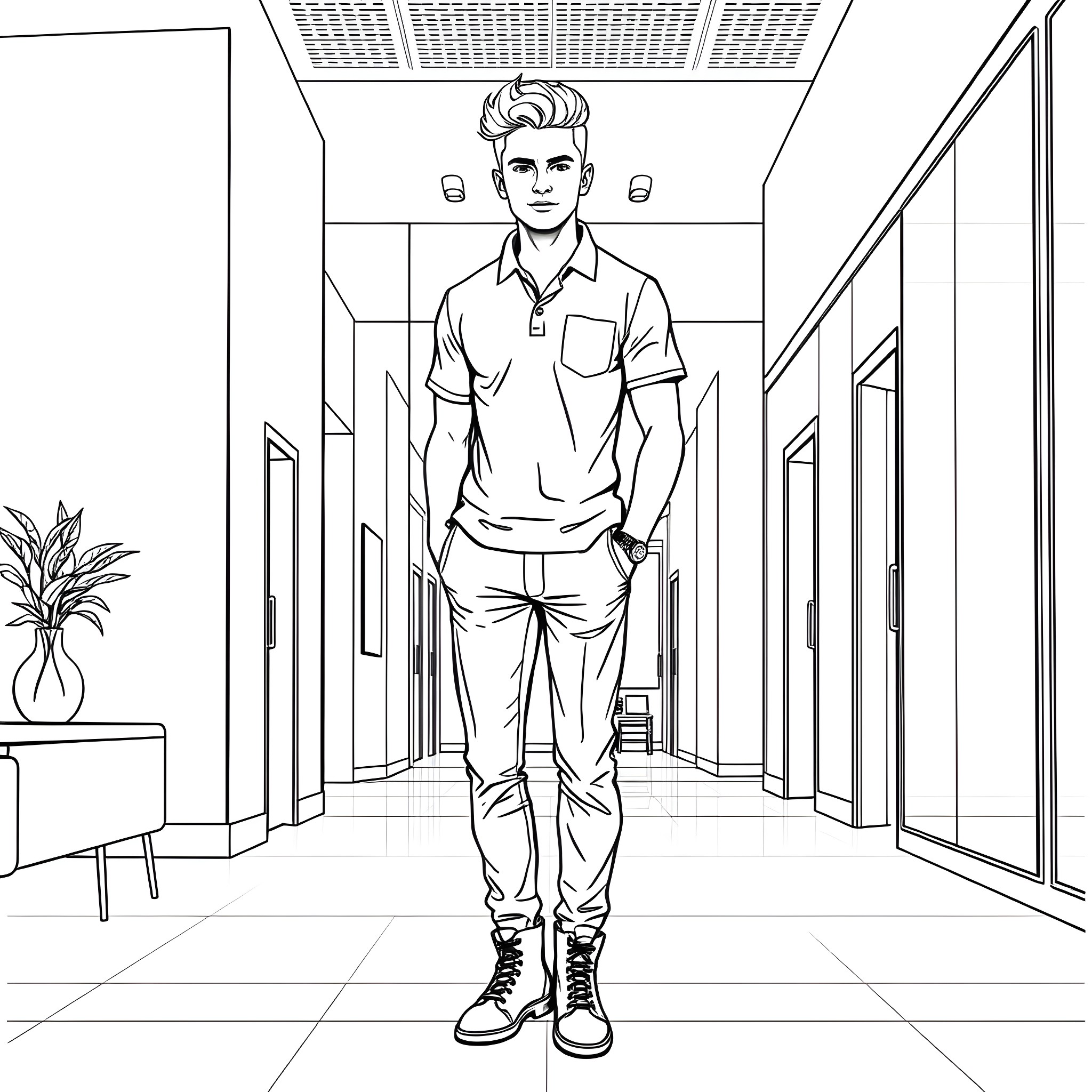 Man walking confidently in school hallway Coloring Page (free black-and-white line drawing printable PDF for all, from beginners to advanced learners, including children, teens, adults, and seniors)