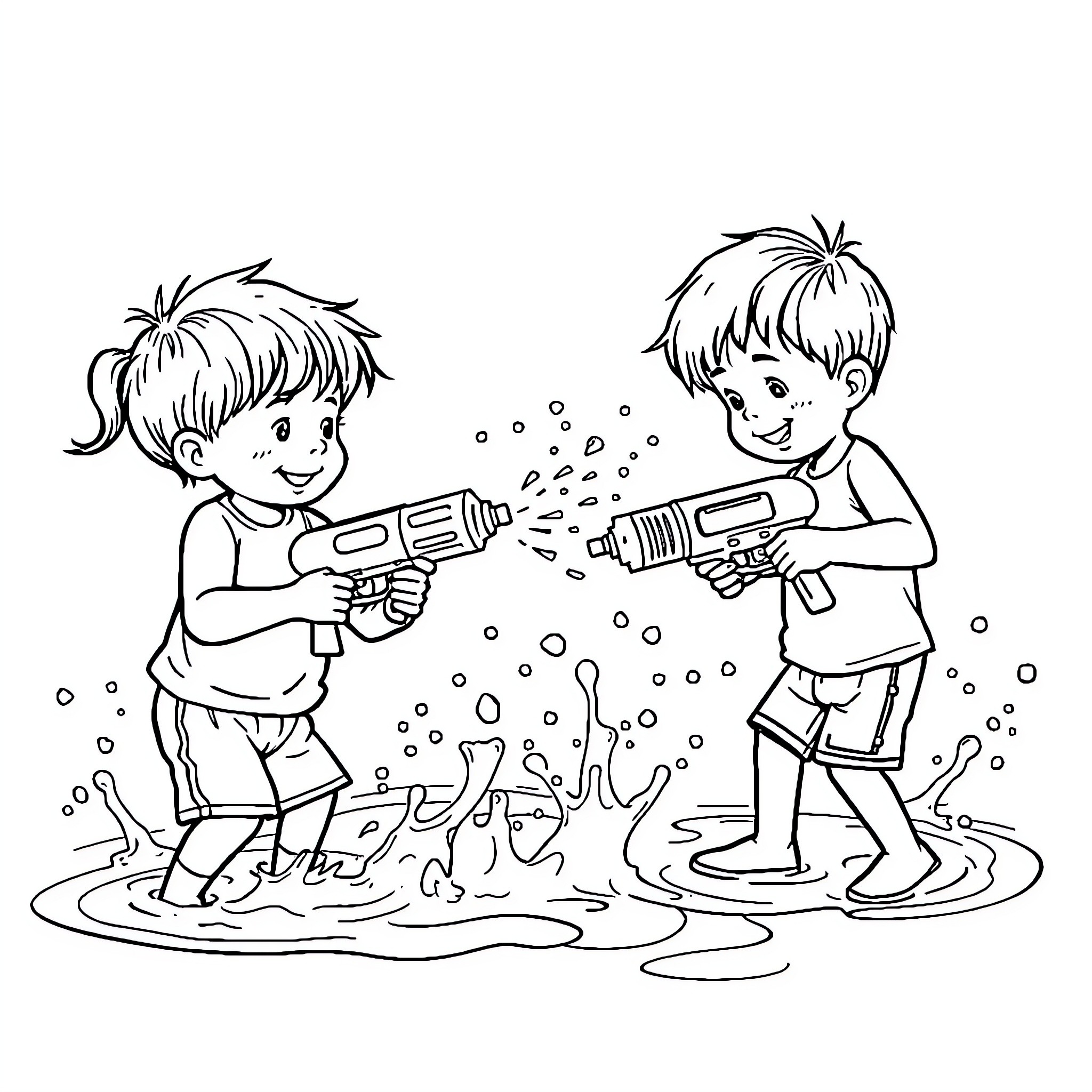 Gun-Wielding Boys Having Fun in the Water Coloring Page (free black-and-white line drawing printable PDF for all, from beginners to advanced learners, including children, teens, adults, and seniors)