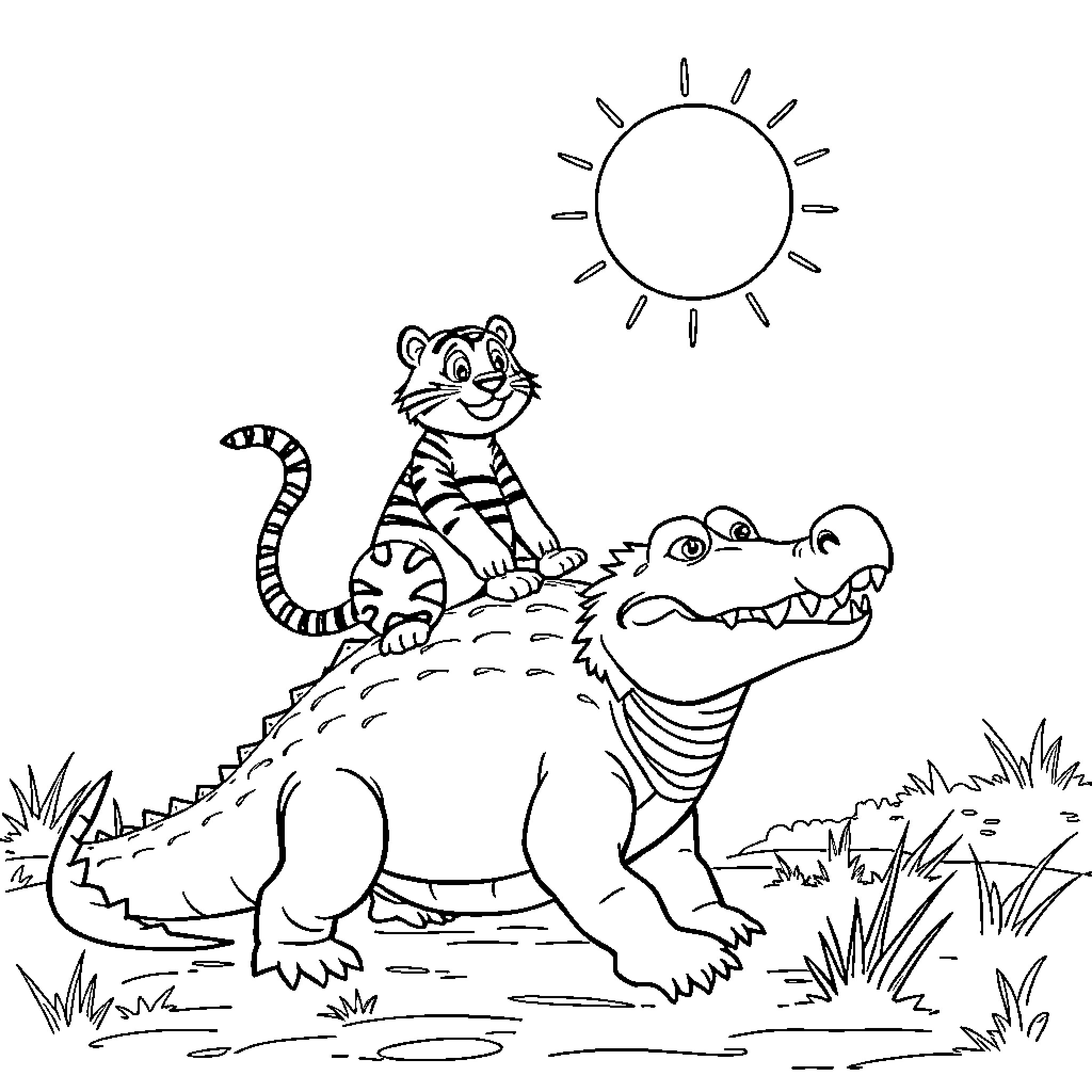 Tiger riding on a friendly alligator in the sunshine Coloring Page (free black-and-white line drawing printable PDF for all, from beginners to advanced learners, including children, teens, adults, and seniors)