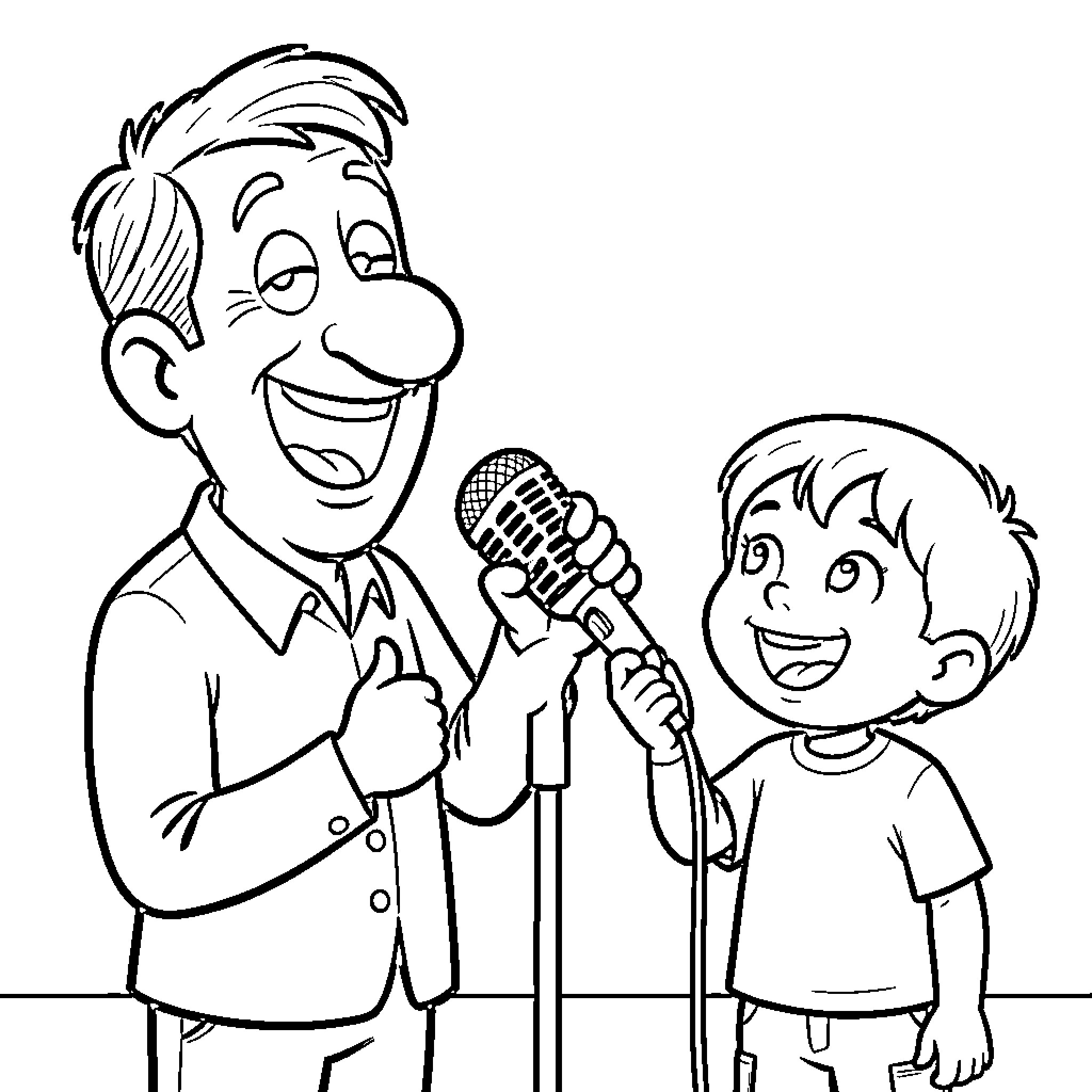 Mr Bean singing with a young boy Coloring Page (free black-and-white line drawing printable PDF for all, from beginners to advanced learners, including children, teens, adults, and seniors)