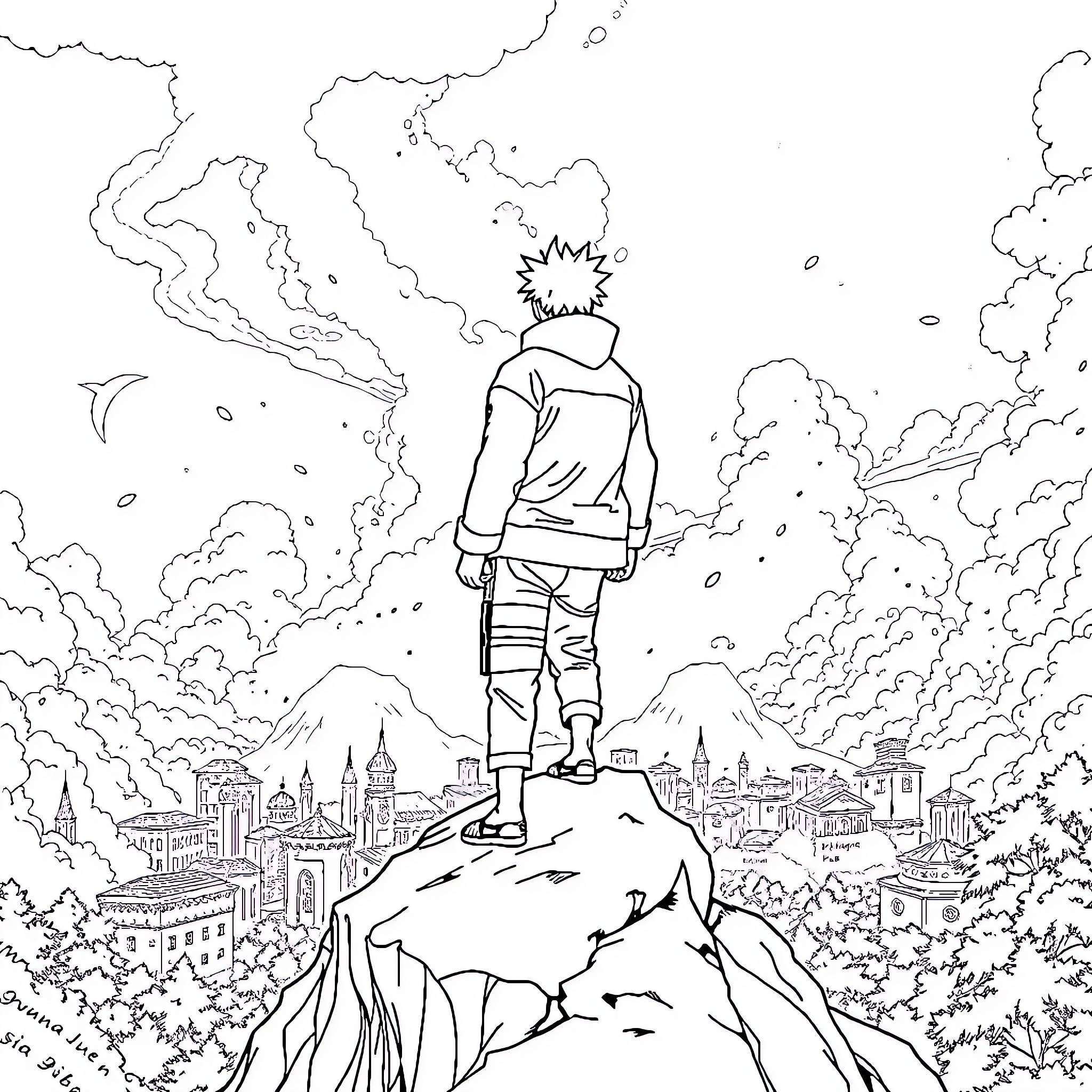 Naruto overlooking a surreal ninja world Coloring Page (free black-and-white line drawing printable PDF for all, from beginners to advanced learners, including children, teens, adults, and seniors)