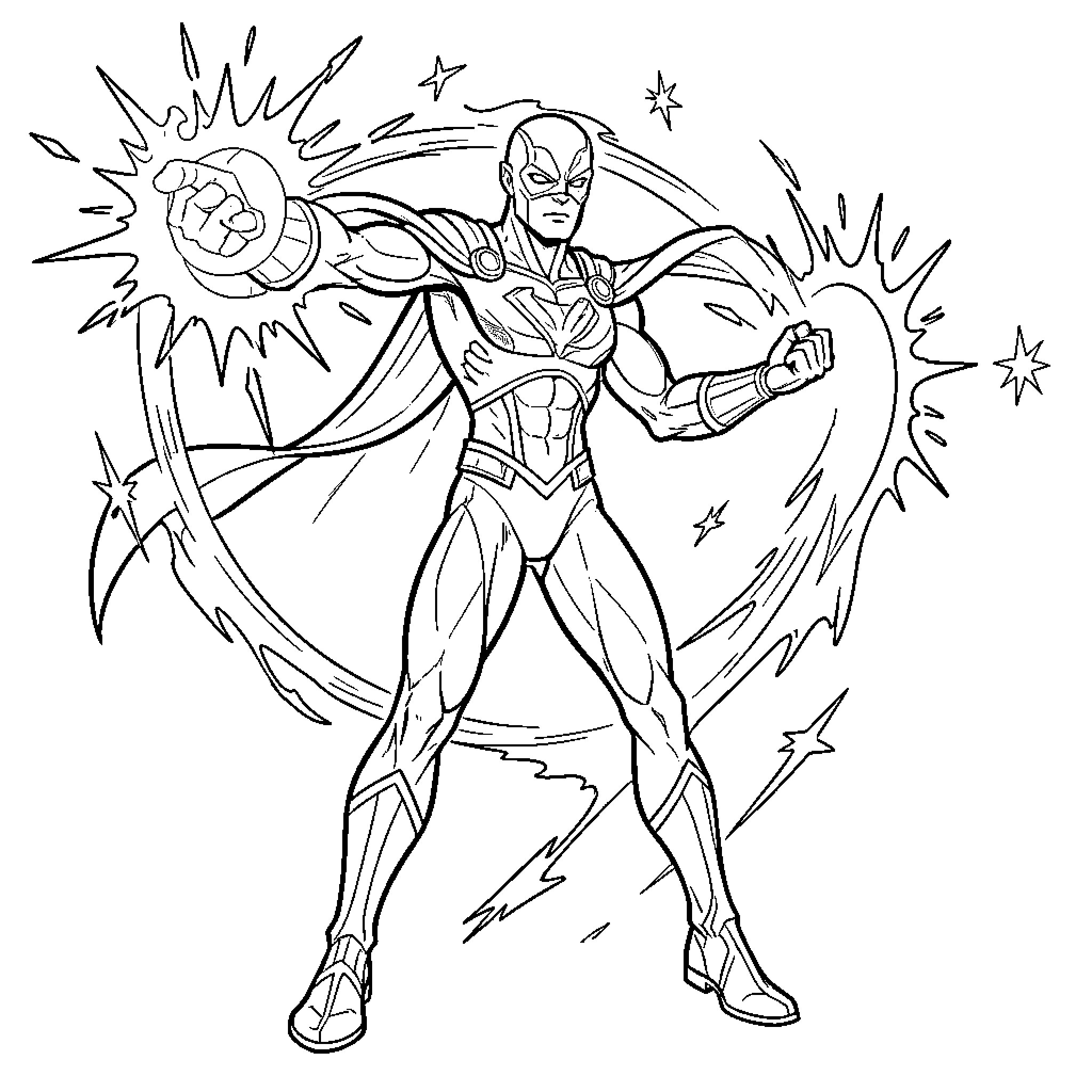 Marvel Character performing a powerful energy blast attack Coloring Page (free black-and-white line drawing printable PDF for all, from beginners to advanced learners, including children, teens, adults, and seniors)
