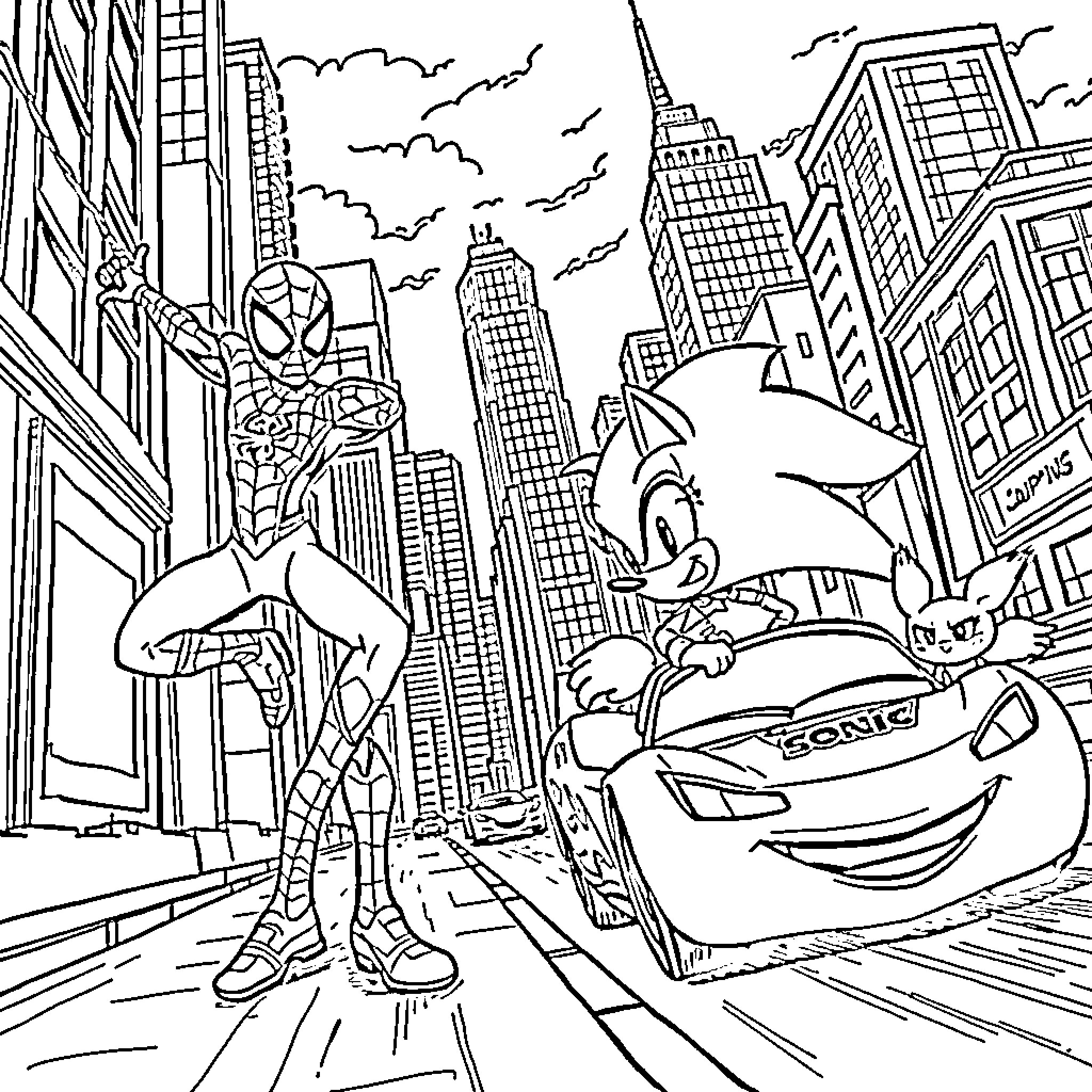 Spiderman and Sonic racing through the city Coloring Page (free black-and-white line drawing printable PDF for all, from beginners to advanced learners, including children, teens, adults, and seniors)
