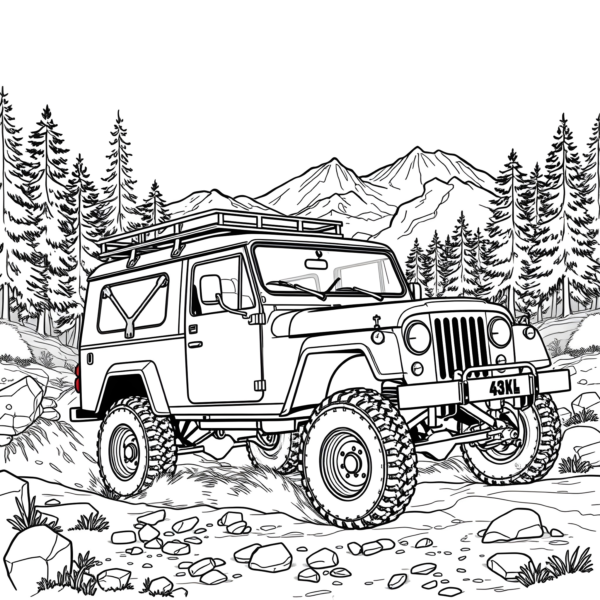 4x4 off-road vehicle exploring rugged mountain terrain Coloring Page (free black-and-white line drawing printable PDF for all, from beginners to advanced learners, including children, teens, adults, and seniors)