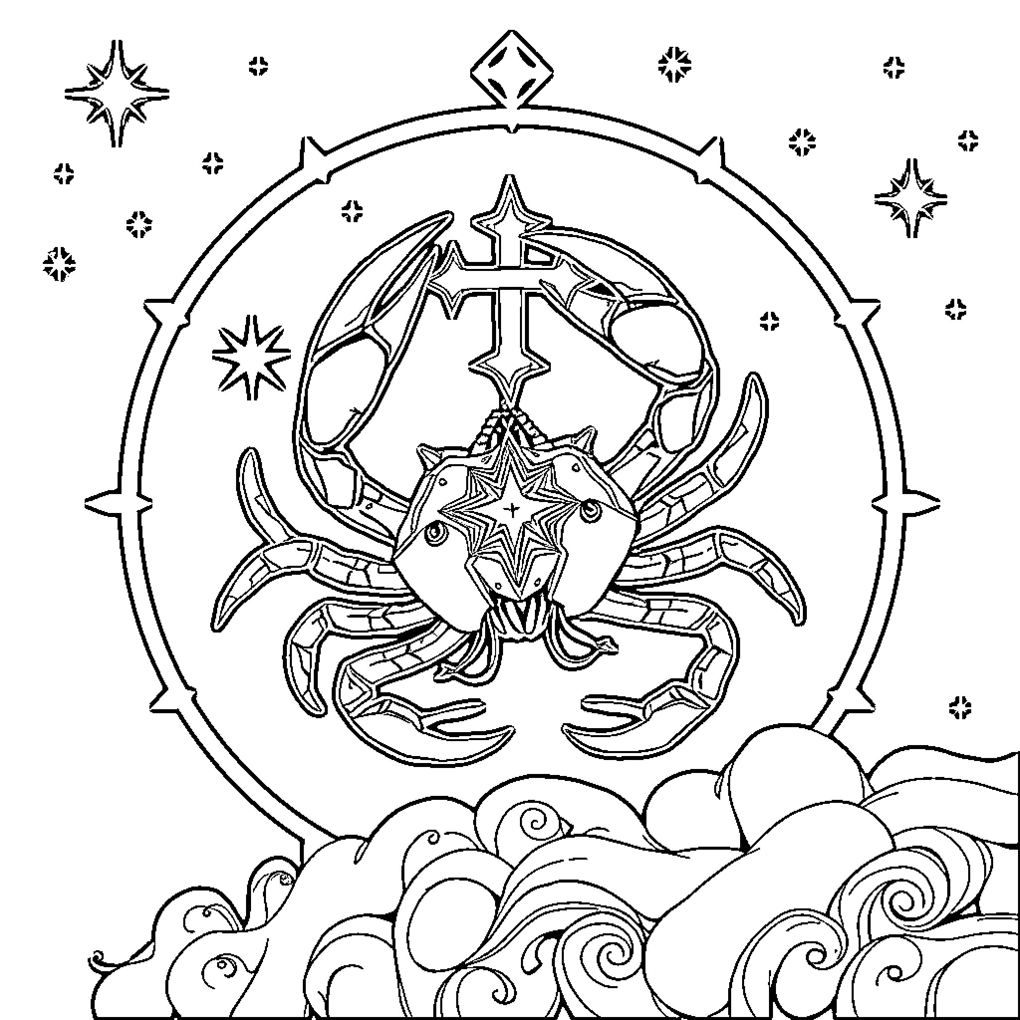Heart Catcher: Celestial Scorpion in the Cosmic Realm Coloring Page (free black-and-white line drawing printable PDF for all, from beginners to advanced learners, including children, teens, adults, and seniors)