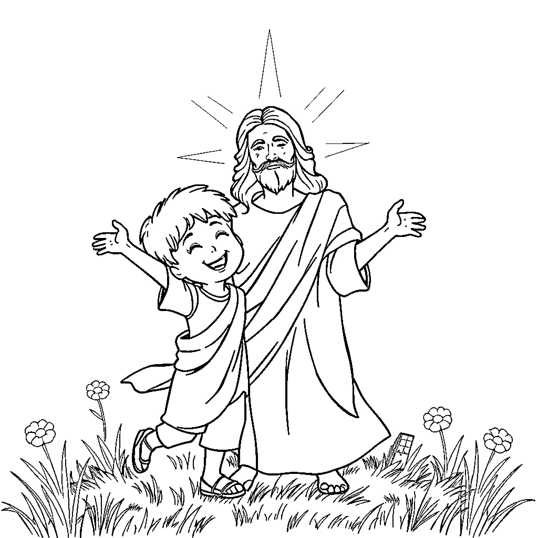 Children with Jesus in a joyful scene Coloring Page (free black-and-white line drawing printable PDF for all, from beginners to advanced learners, including children, teens, adults, and seniors)