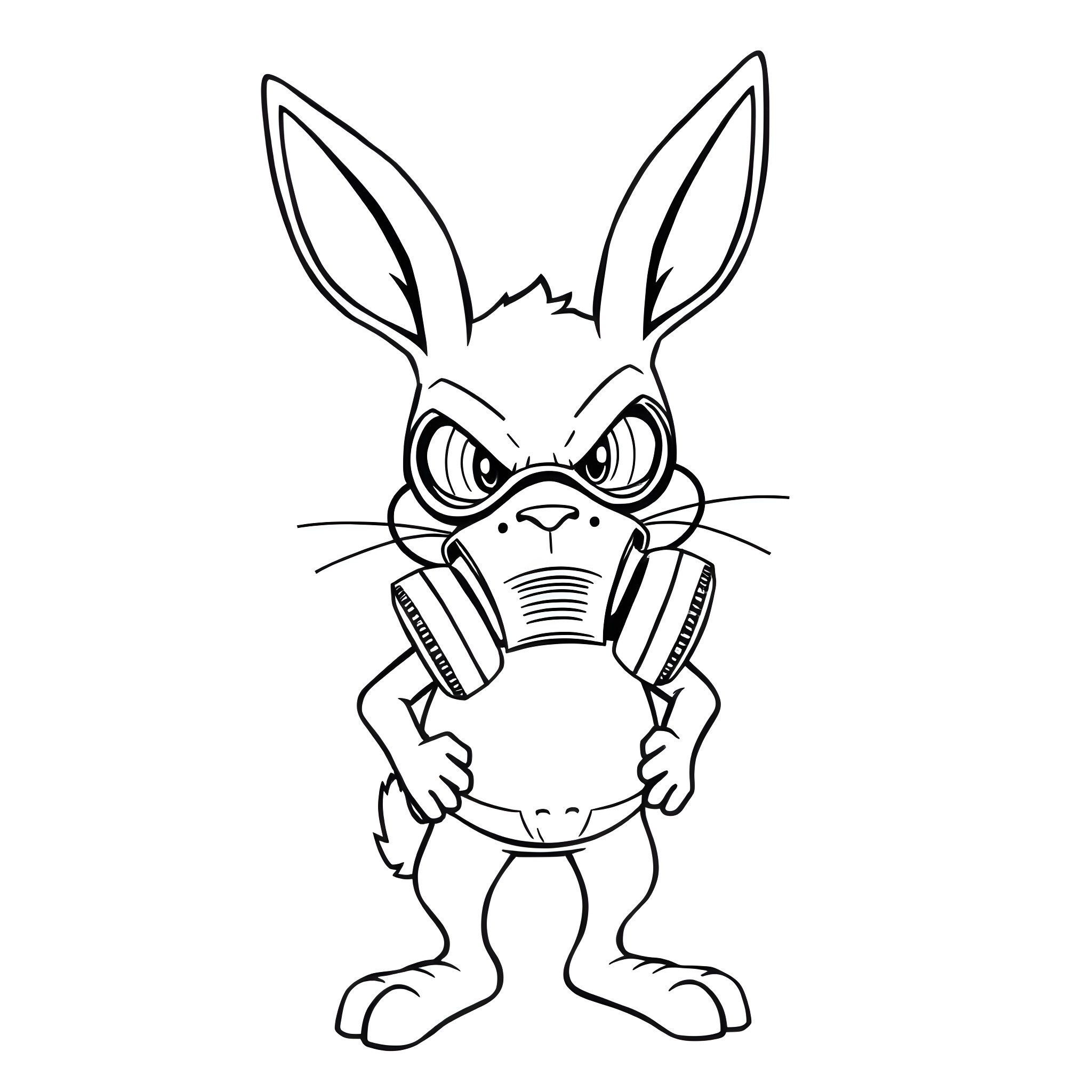 Bunny wearing a gas mask with a serious expression Coloring Page (free black-and-white line drawing printable PDF for all, from beginners to advanced learners, including children, teens, adults, and seniors)