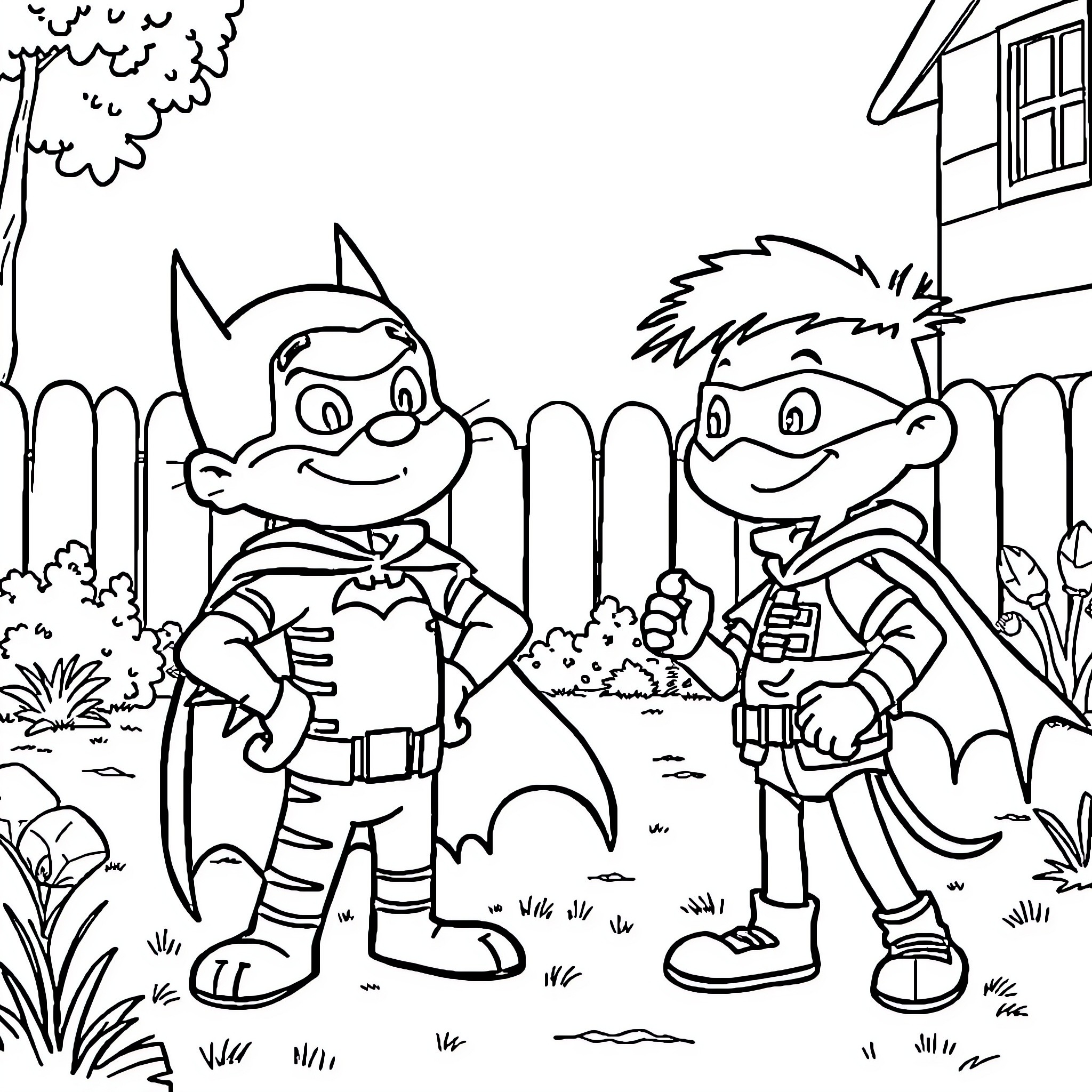 Calvin and Hobbes Dressed as Superheroes Coloring Page (free black-and-white line drawing printable PDF for all, from beginners to advanced learners, including children, teens, adults, and seniors)