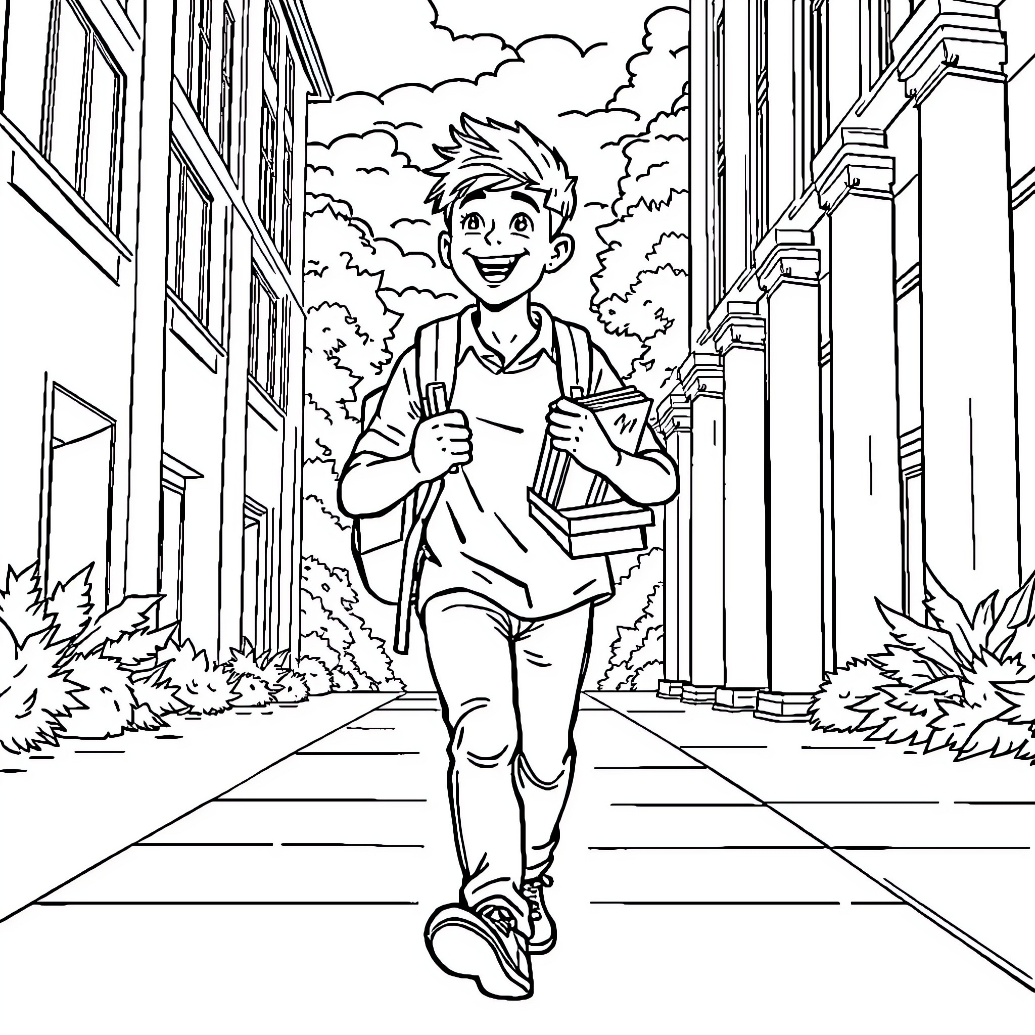 Architecture of Student Walking to School Coloring Page (free black-and-white line drawing printable PDF for all, from beginners to advanced learners, including children, teens, adults, and seniors)