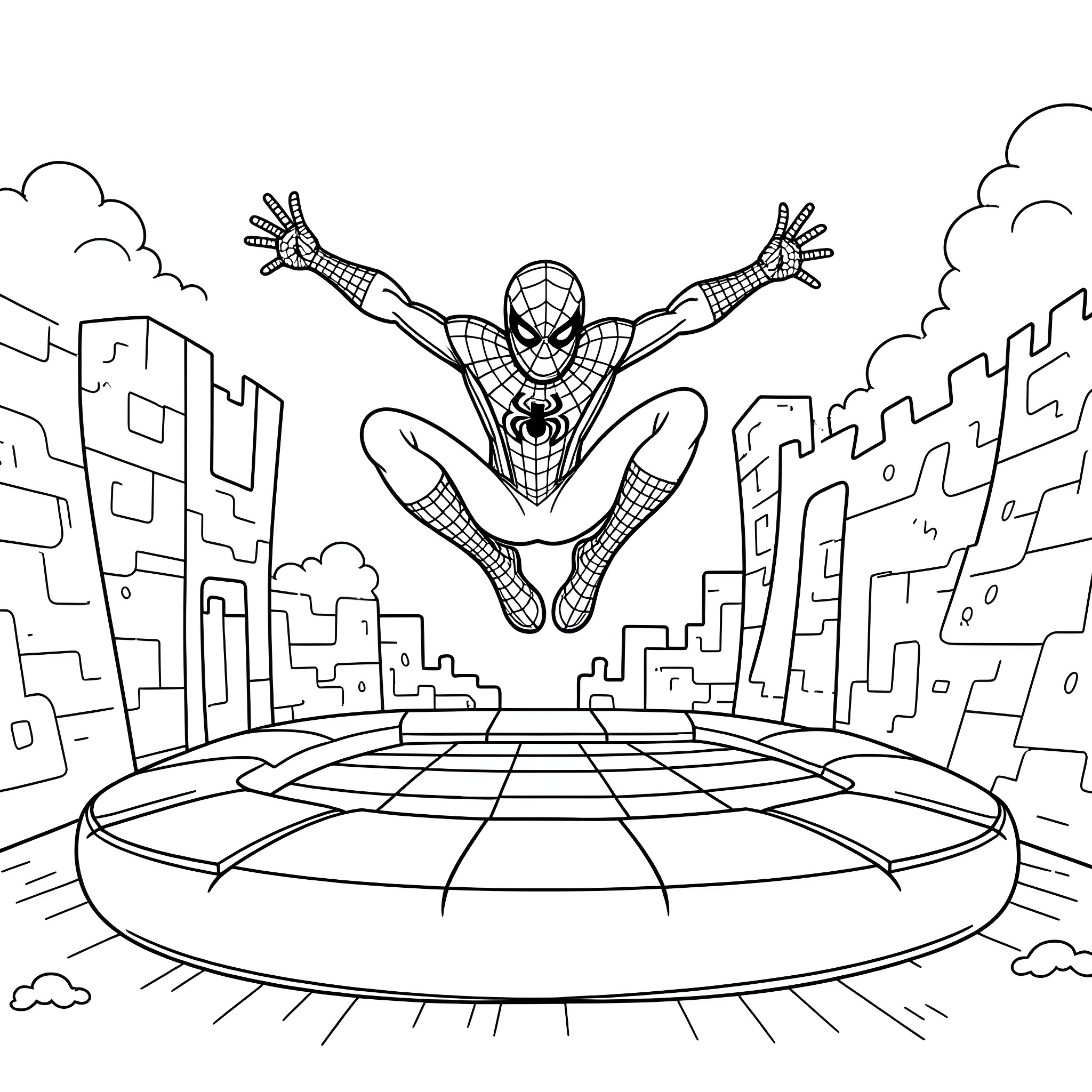 Spiderman jumping heroically over the city Coloring Page (free black-and-white line drawing printable PDF for all, from beginners to advanced learners, including children, teens, adults, and seniors)