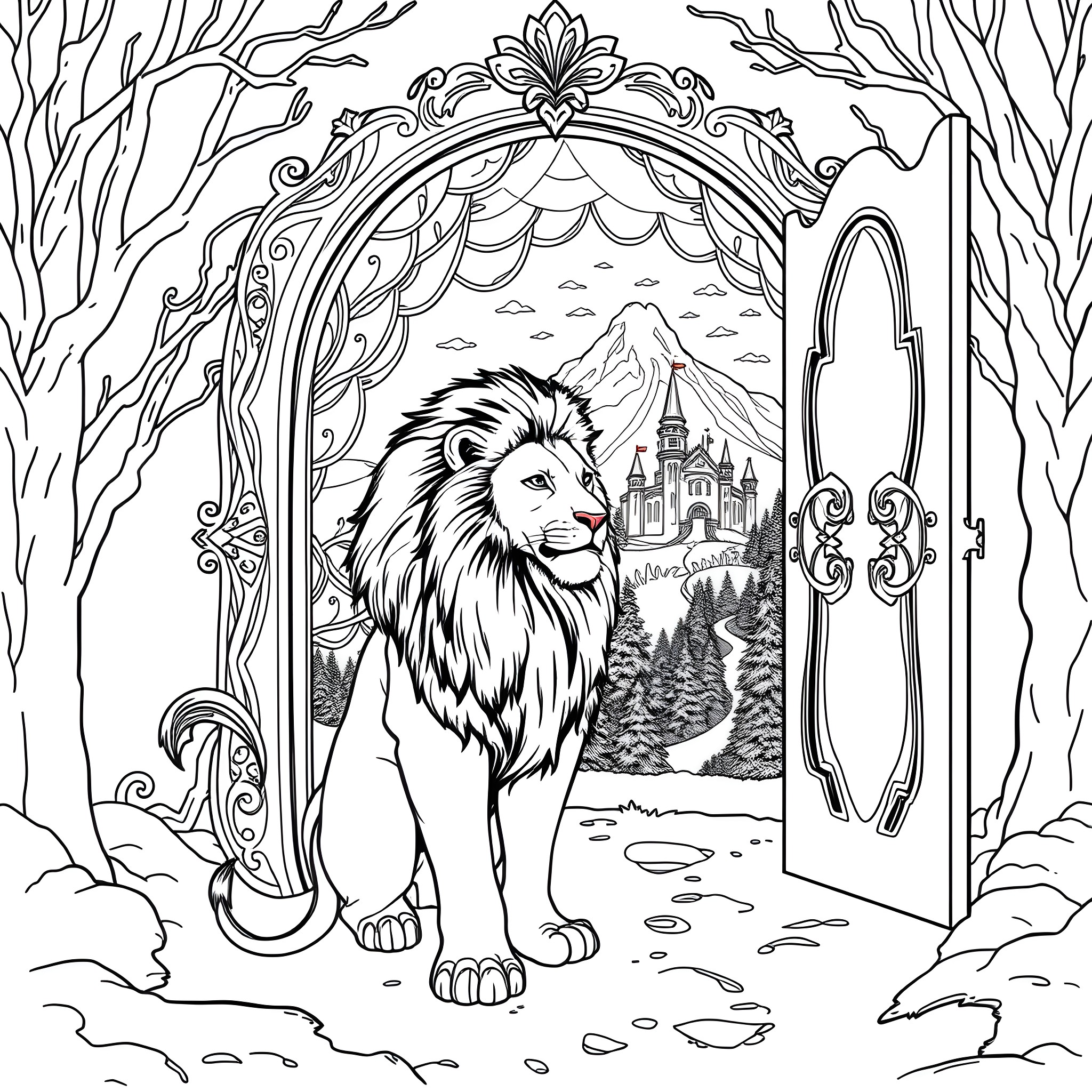 Lion guarding the enchanted castle in the forest Coloring Page (free black-and-white line drawing printable PDF for all, from beginners to advanced learners, including children, teens, adults, and seniors)