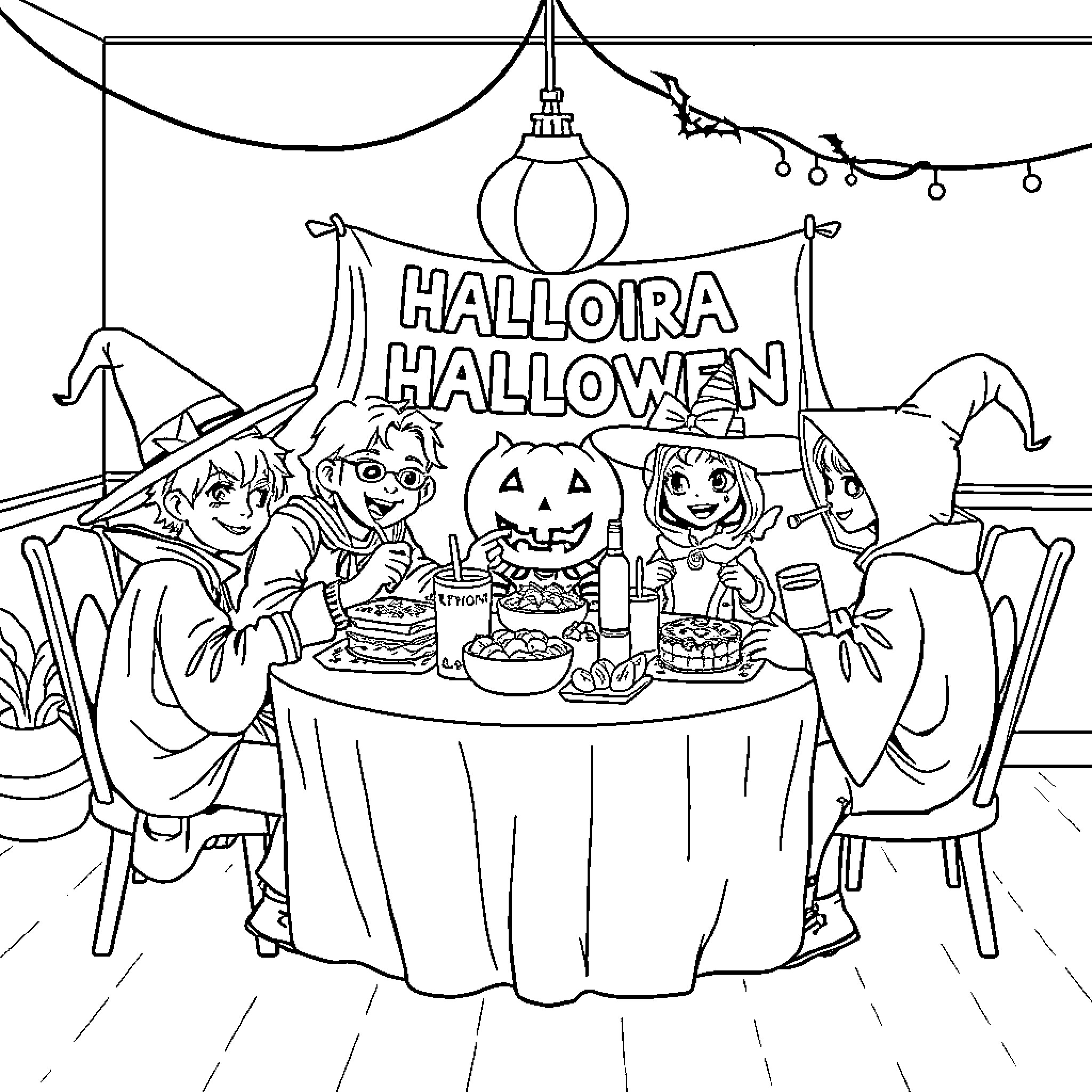 Halloween party with costumed characters celebrating Coloring Page (free black-and-white line drawing printable PDF for all, from beginners to advanced learners, including children, teens, adults, and seniors)