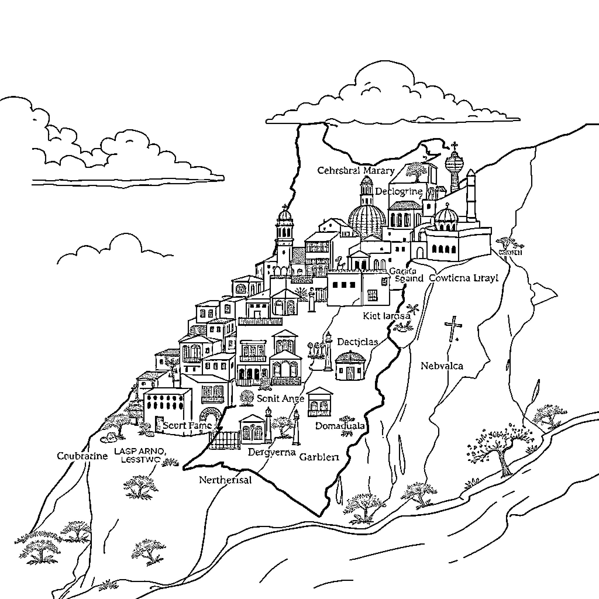 Portugal's Architectural Landscape and Scenic Vistas Coloring Page (free black-and-white line drawing printable PDF for all, from beginners to advanced learners, including children, teens, adults, and seniors)