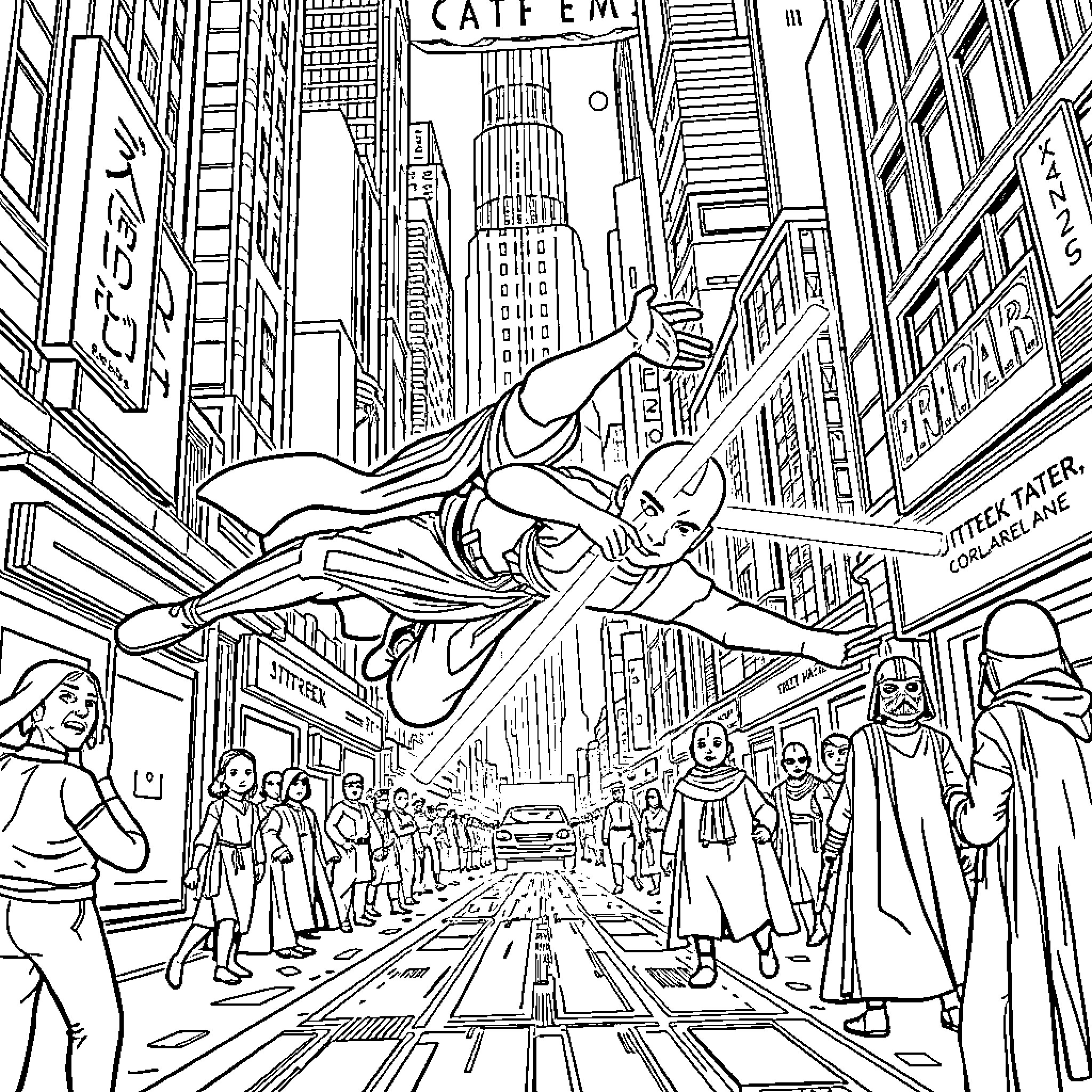 Aang soaring through the city's crowded streets Coloring Page (free black-and-white line drawing printable PDF for all, from beginners to advanced learners, including children, teens, adults, and seniors)