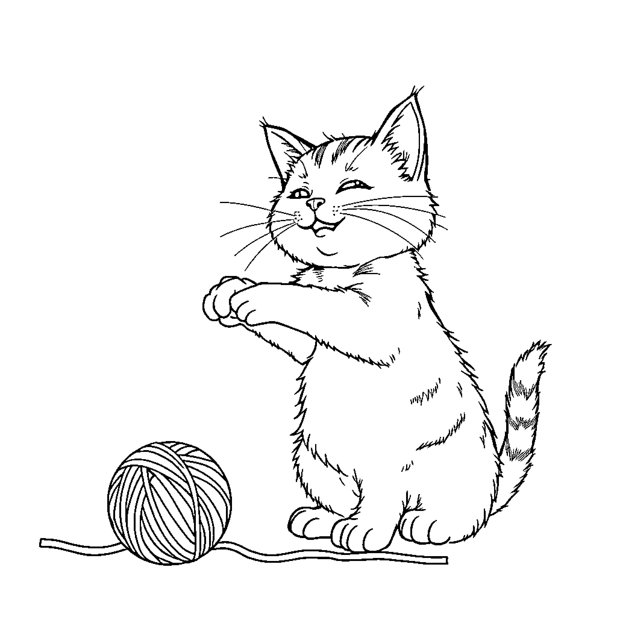 Cat playing with yarn and looking content Coloring Page (free black-and-white line drawing printable PDF for all, from beginners to advanced learners, including children, teens, adults, and seniors)