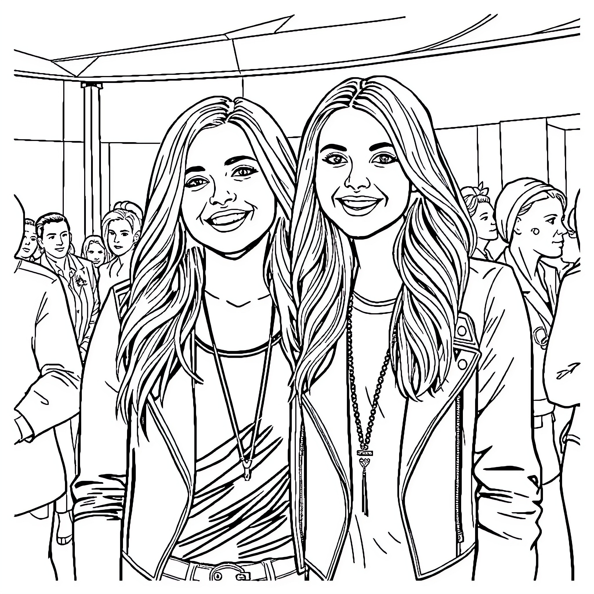 Avril Lavigne's Smiling Poses with Friend Coloring Page (free black-and-white line drawing printable PDF for all, from beginners to advanced learners, including children, teens, adults, and seniors)