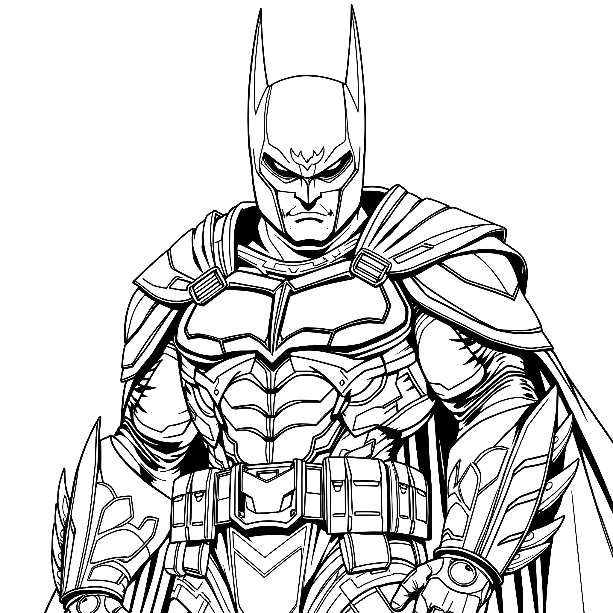 Batman in Heroic Battle Pose Coloring Page (free black-and-white line drawing printable PDF for all, from beginners to advanced learners, including children, teens, adults, and seniors)