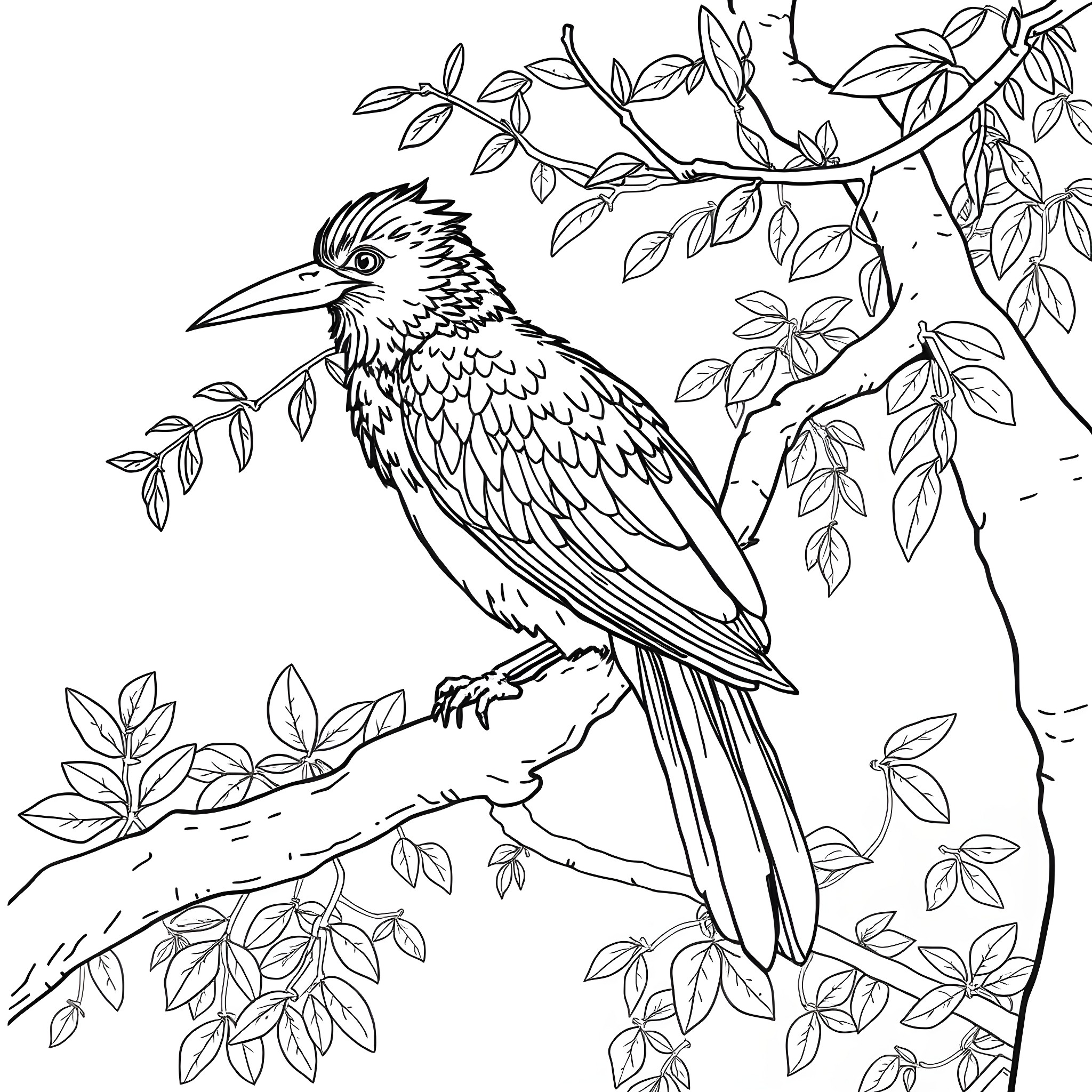 Aulacorhynchus Prasinus bird perched on a branch Coloring Page (free black-and-white line drawing printable PDF for all, from beginners to advanced learners, including children, teens, adults, and seniors)