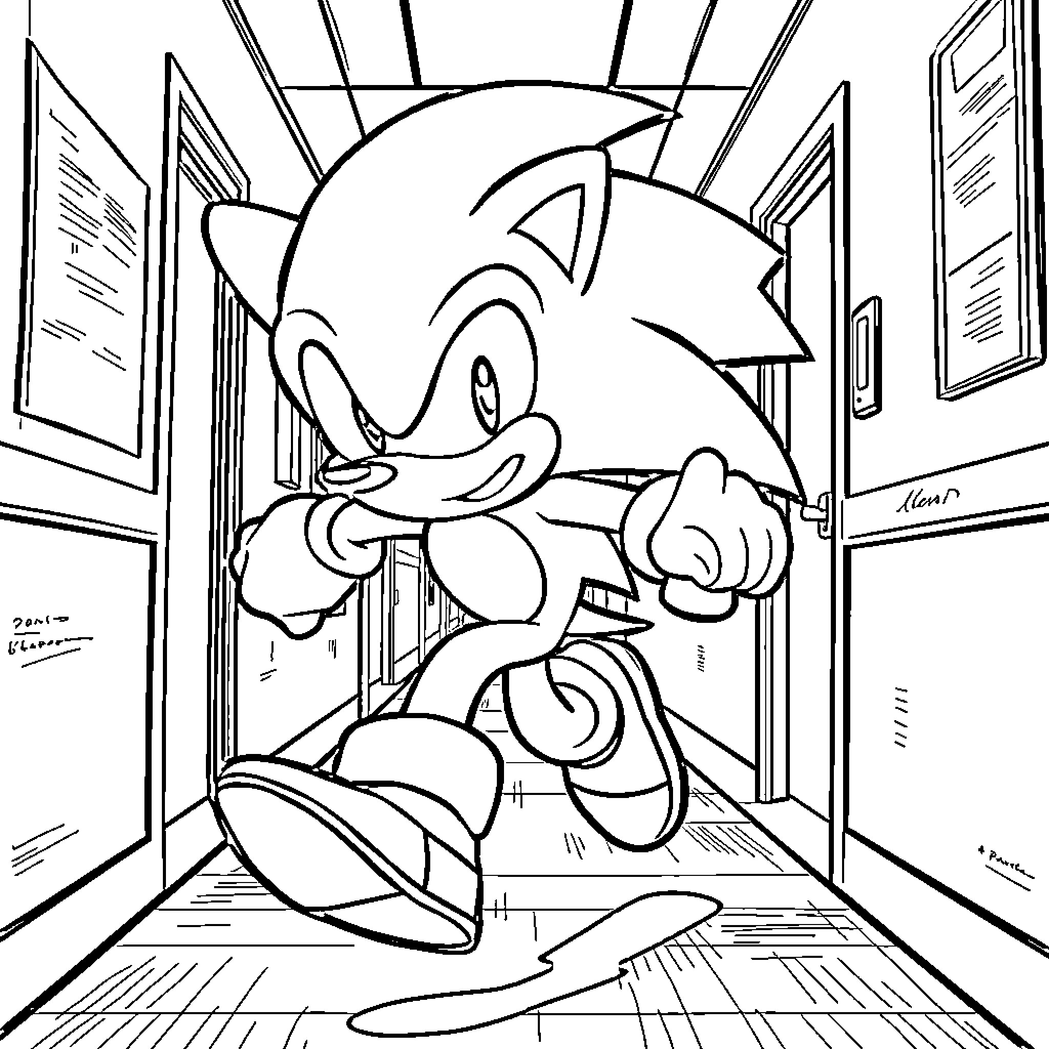 Sonic sprinting through the hallway Coloring Page (free black-and-white line drawing printable PDF for all, from beginners to advanced learners, including children, teens, adults, and seniors)