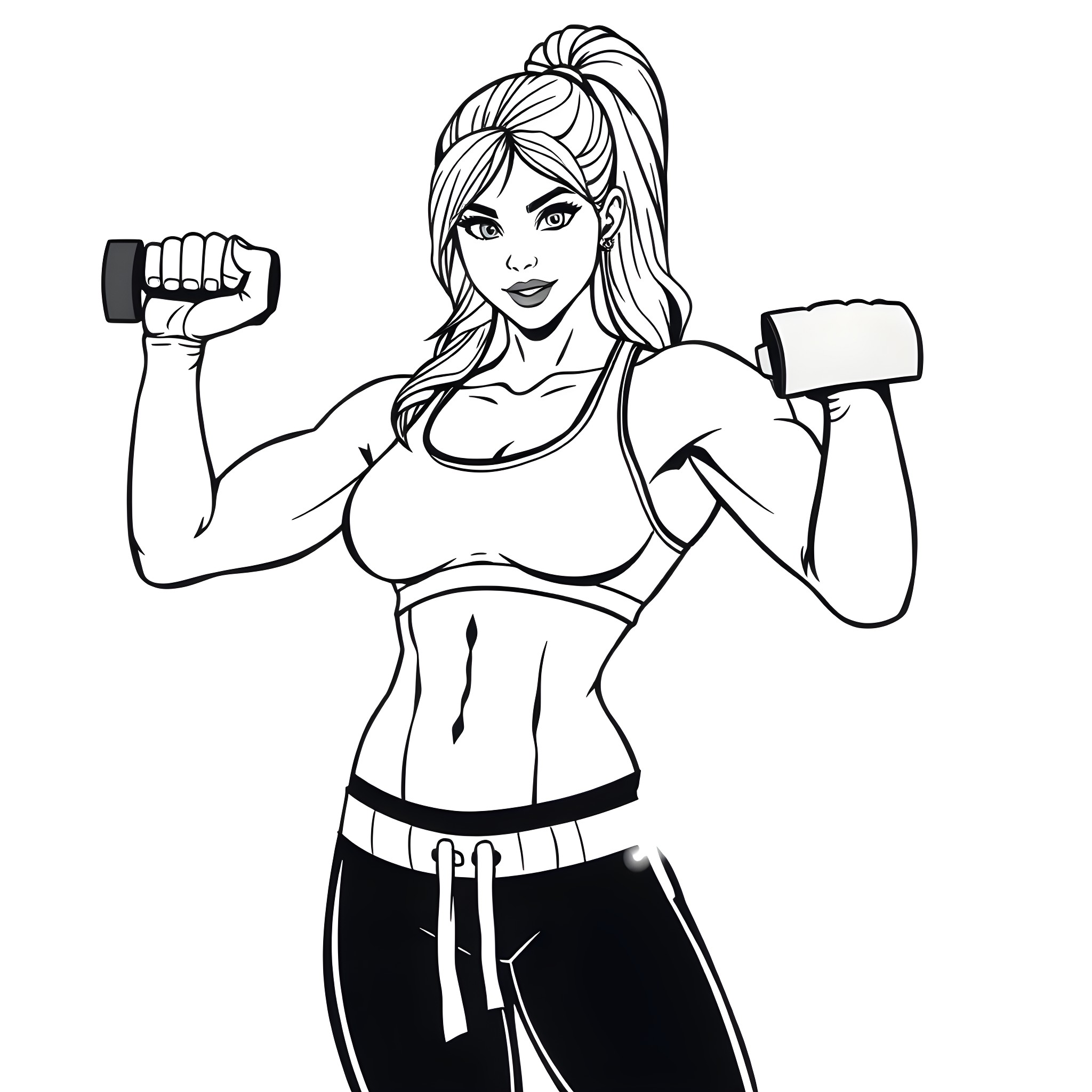 Muscle Girl Lifting Weights with Determination Coloring Page (free black-and-white line drawing printable PDF for all, from beginners to advanced learners, including children, teens, adults, and seniors)