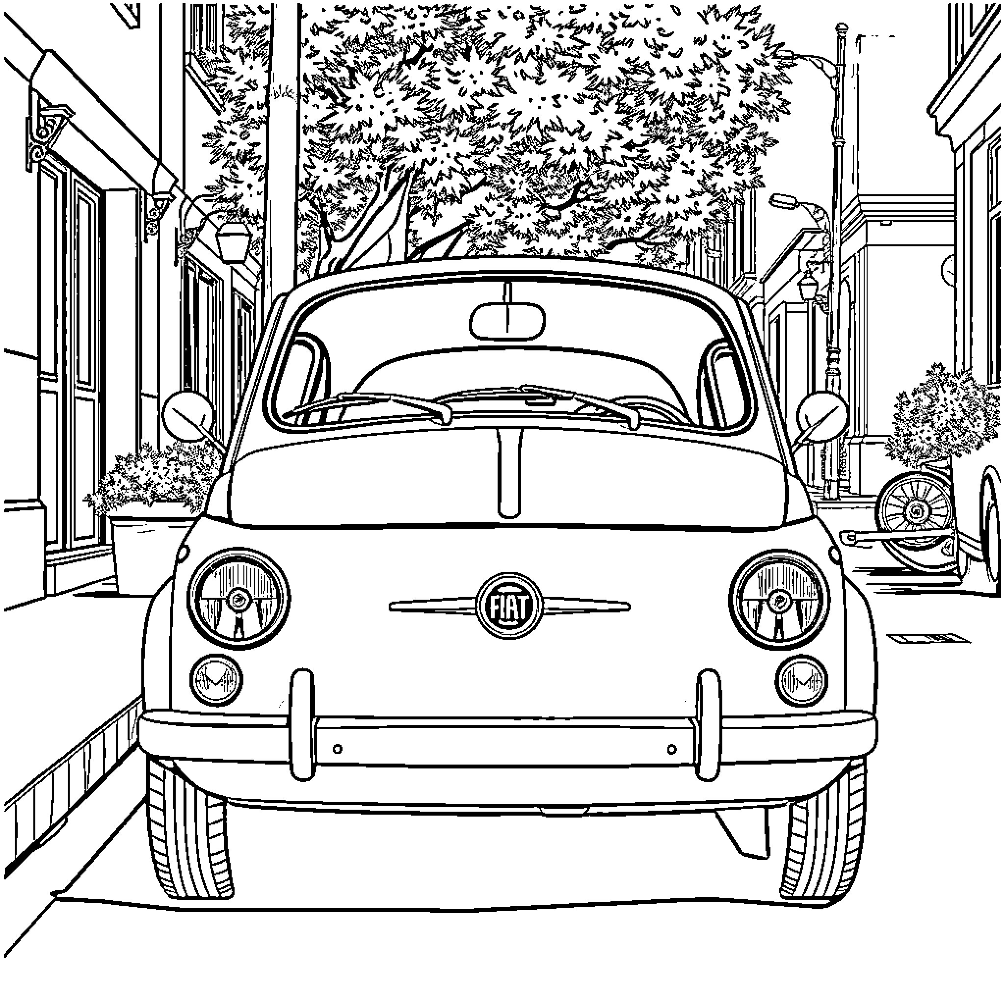Fiat Vintage Car in Quaint Town Street Coloring Page (free black-and-white line drawing printable PDF for all, from beginners to advanced learners, including children, teens, adults, and seniors)
