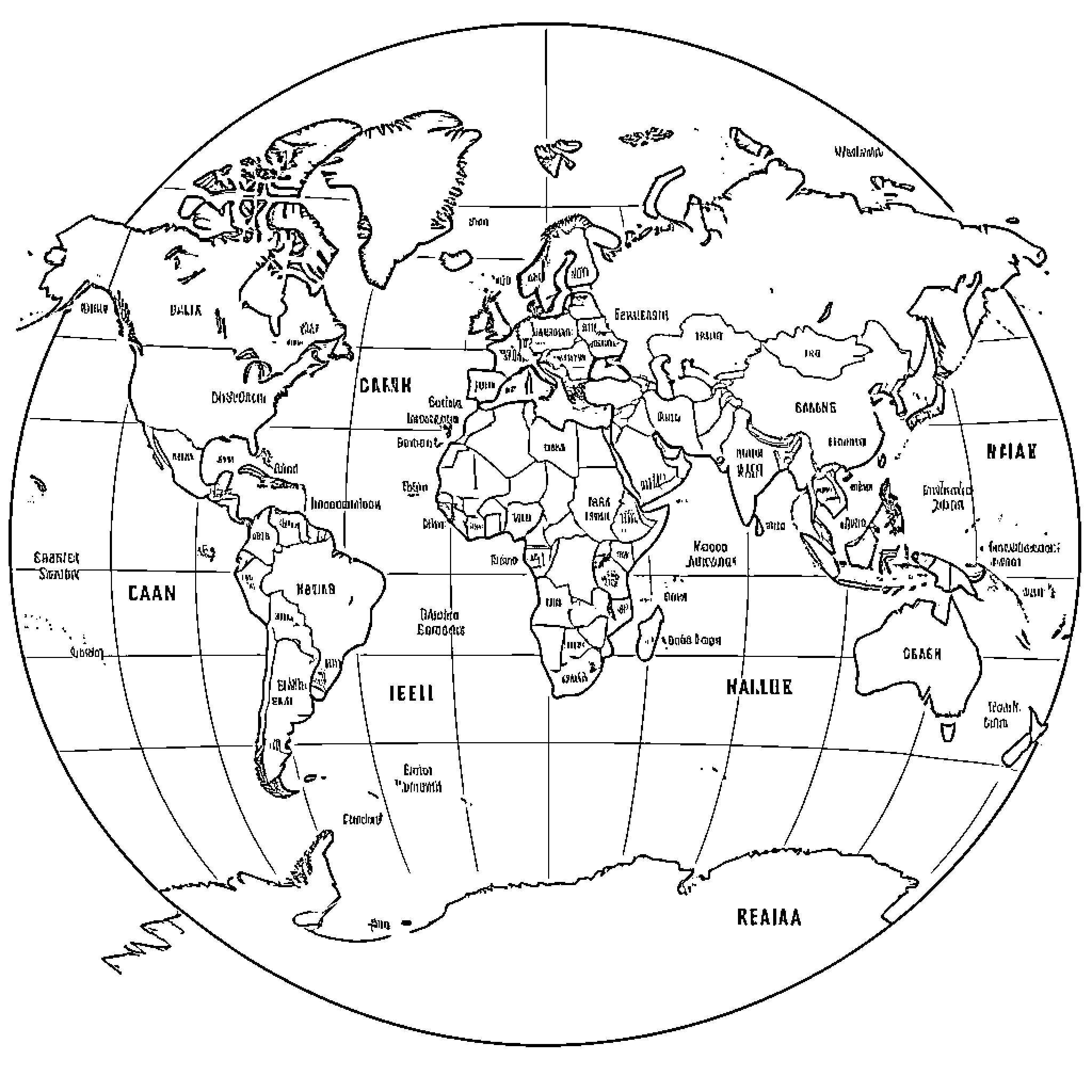 World Map showing various continents and ocean regions Coloring Page (free black-and-white line drawing printable PDF for all, from beginners to advanced learners, including children, teens, adults, and seniors)