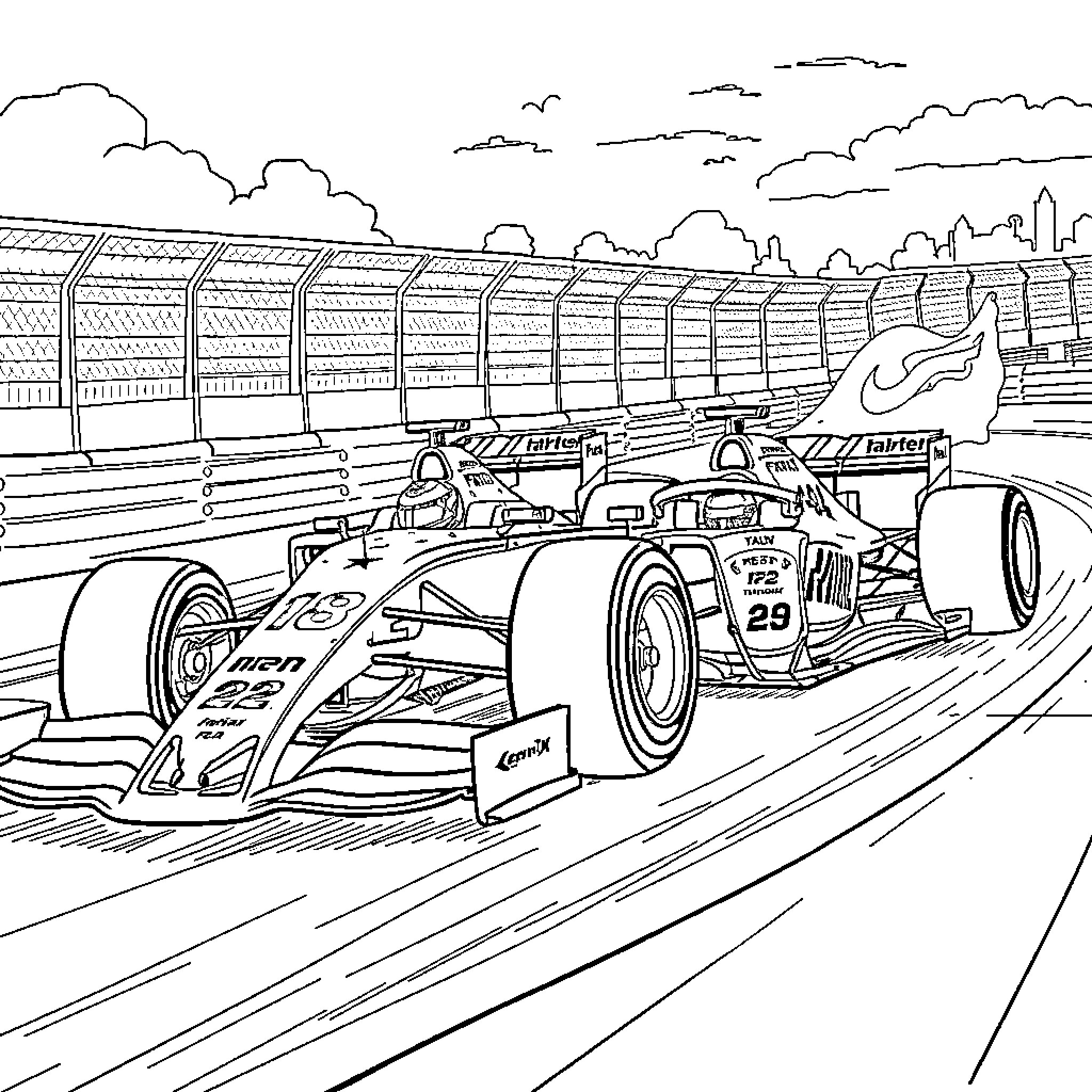 F1 Car speeding on racetrack with city skyline Coloring Page (free black-and-white line drawing printable PDF for all, from beginners to advanced learners, including children, teens, adults, and seniors)