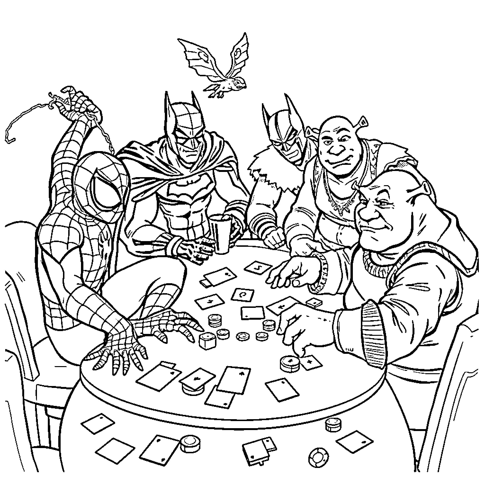 Character Superheroes and Villains Playing Card Game Coloring Page (free black-and-white line drawing printable PDF for all, from beginners to advanced learners, including children, teens, adults, and seniors)