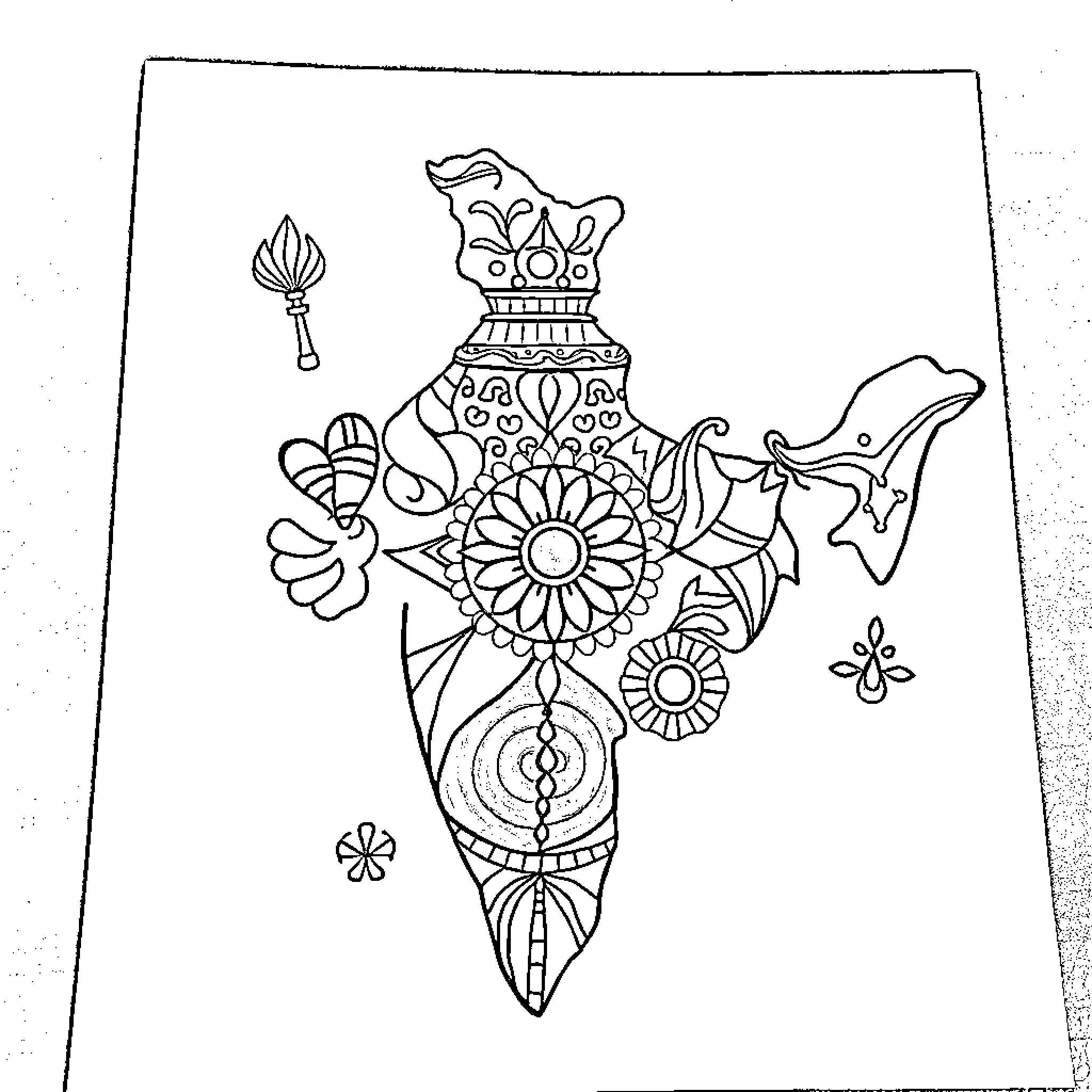 Shapes depicting intricate cultural symbols and designs Coloring Page (free black-and-white line drawing printable PDF for all, from beginners to advanced learners, including children, teens, adults, and seniors)