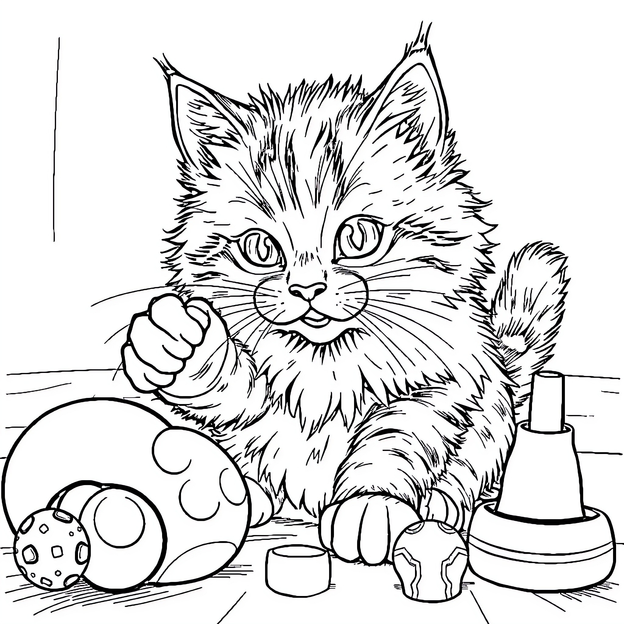 Cat playing with toys in a cozy room Coloring Page (free black-and-white line drawing printable PDF for all, from beginners to advanced learners, including children, teens, adults, and seniors)