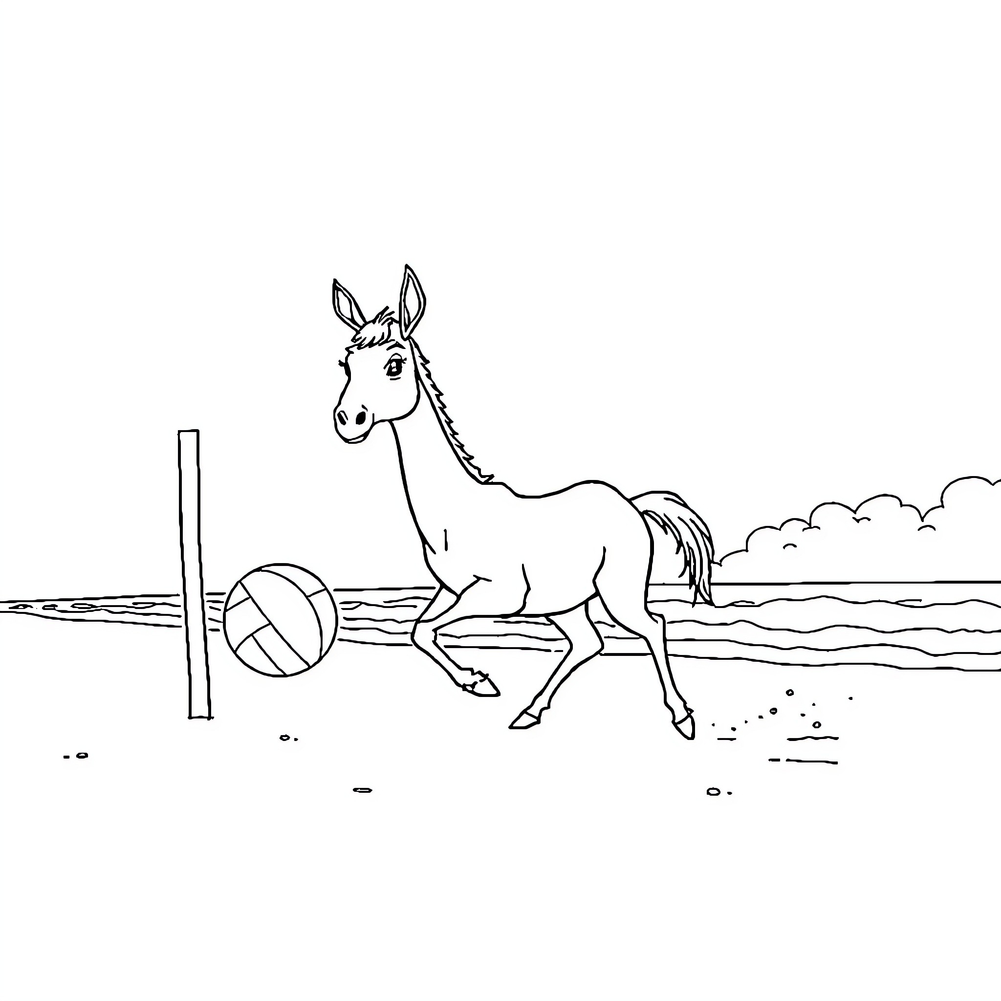 Donkey playing with a ball in a field Coloring Page (free black-and-white line drawing printable PDF for all, from beginners to advanced learners, including children, teens, adults, and seniors)