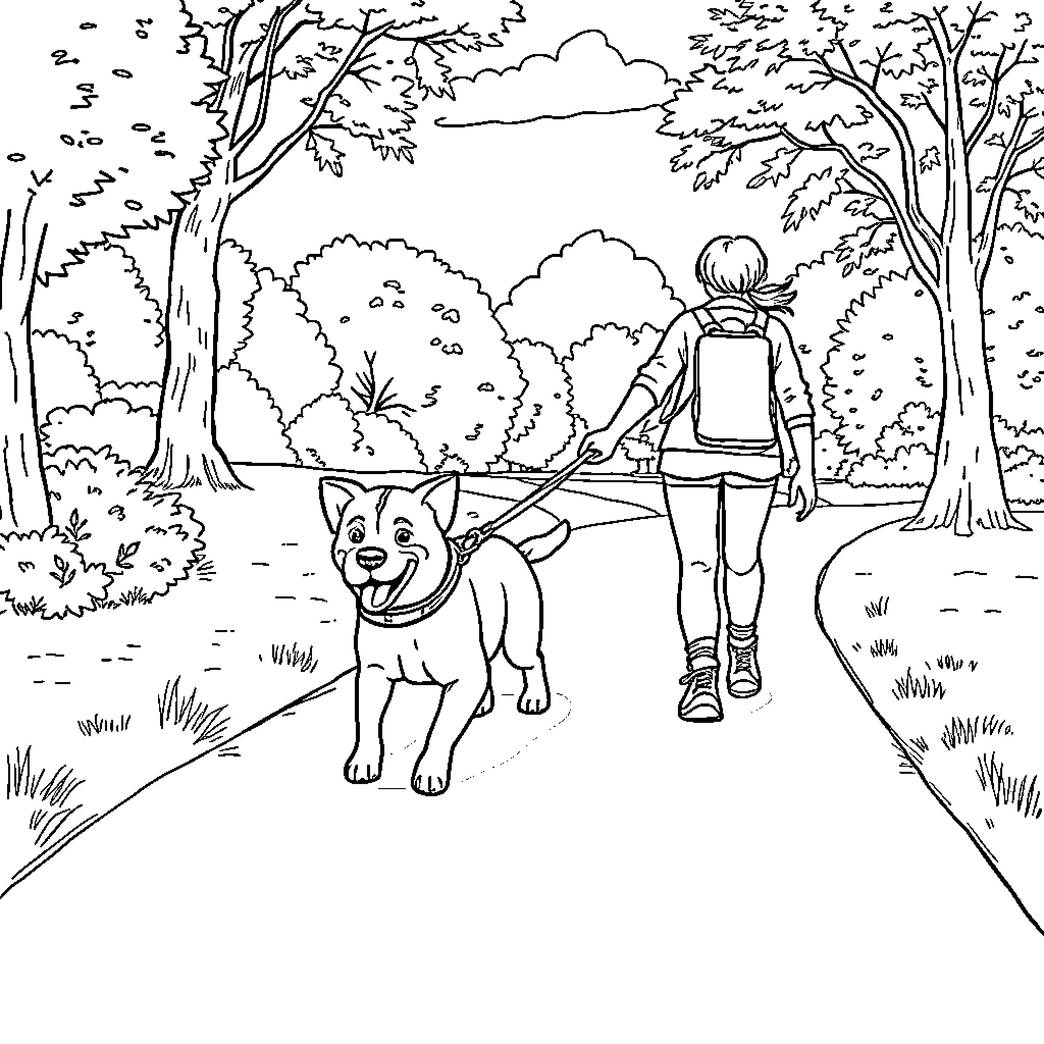 Dog walking happily with owner on forest path Coloring Page (free black-and-white line drawing printable PDF for all, from beginners to advanced learners, including children, teens, adults, and seniors)