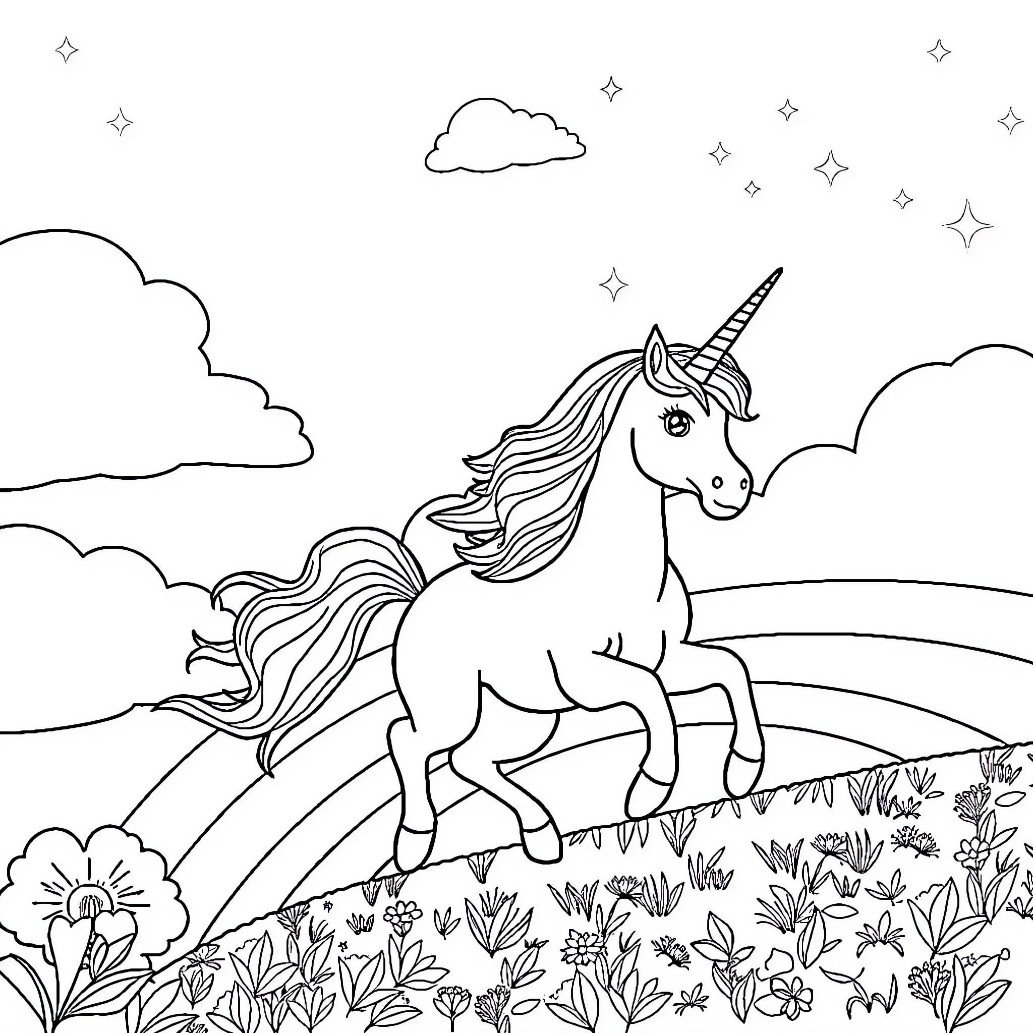 Unicorn dancing joyfully in a magical meadow Coloring Page (free black-and-white line drawing printable PDF for all, from beginners to advanced learners, including children, teens, adults, and seniors)
