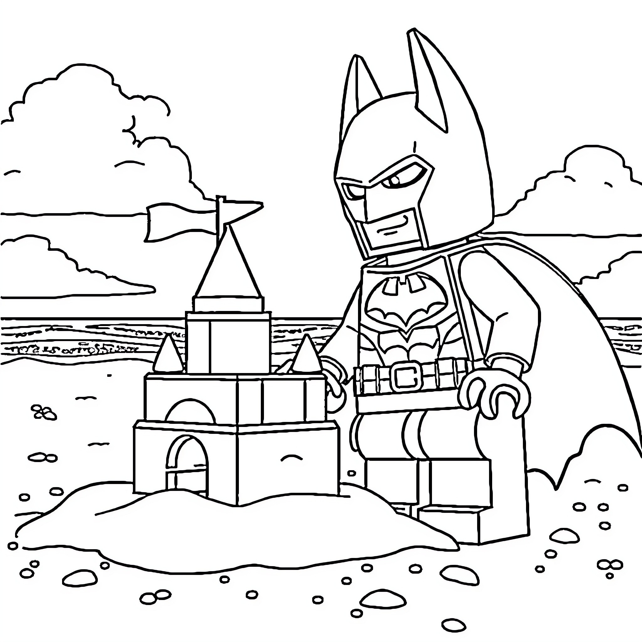 Lego Batman building a sandcastle on the beach Coloring Page (free black-and-white line drawing printable PDF for all, from beginners to advanced learners, including children, teens, adults, and seniors)