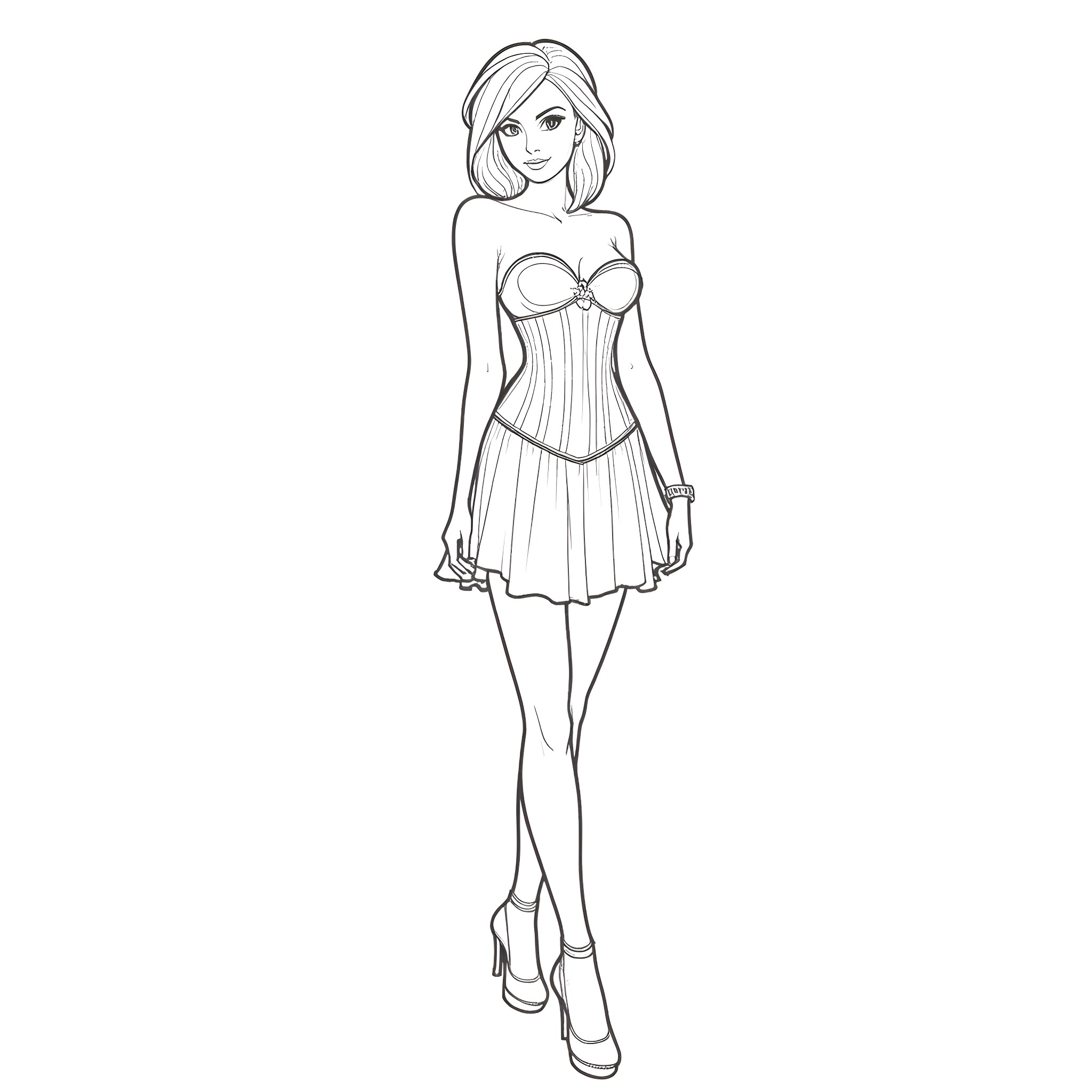 Woman in Elegant Strapless Dress Coloring Page (free black-and-white line drawing printable PDF for all, from beginners to advanced learners, including children, teens, adults, and seniors)