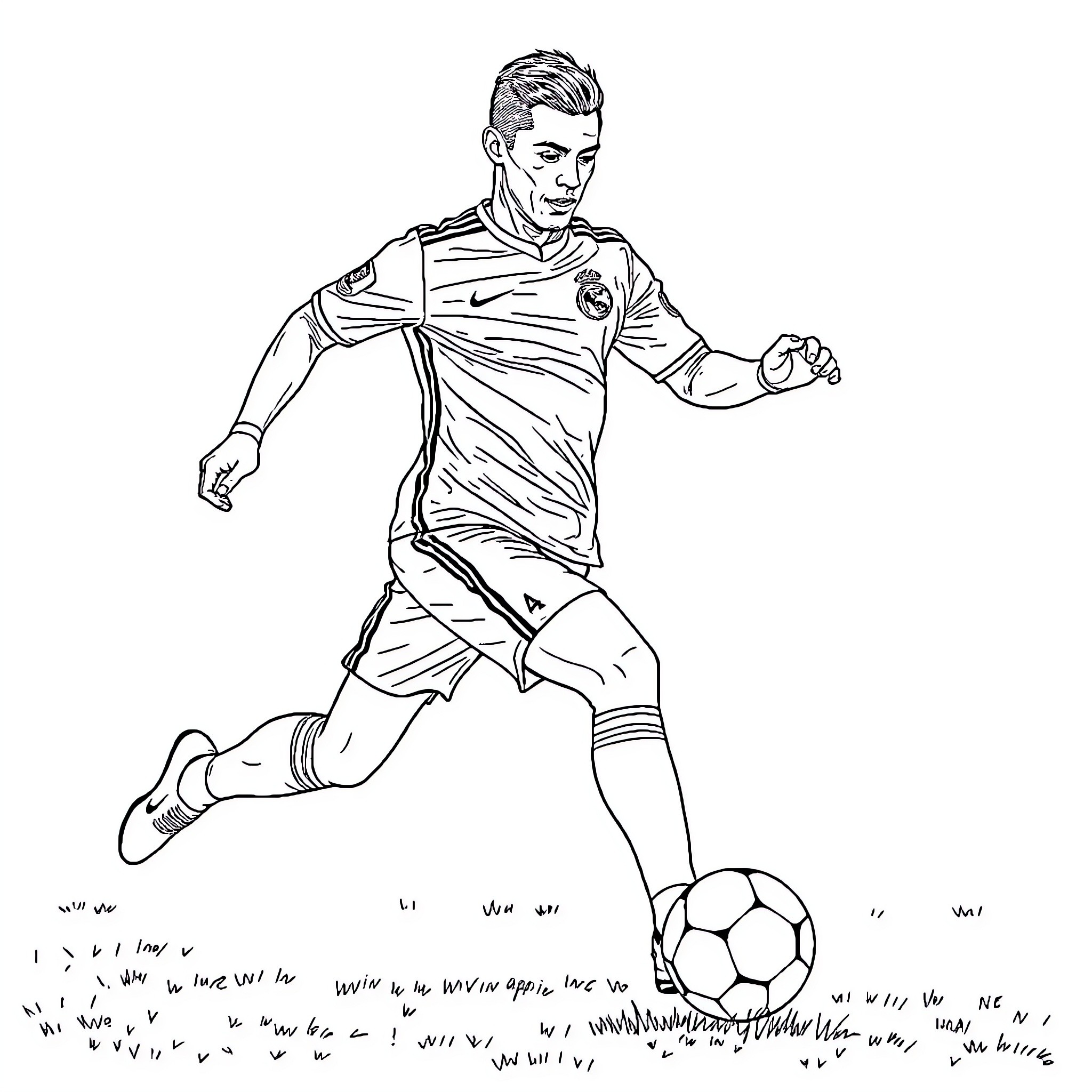 Cristiano Ronaldo playing soccer in action pose Coloring Page (free black-and-white line drawing printable PDF for all, from beginners to advanced learners, including children, teens, adults, and seniors)