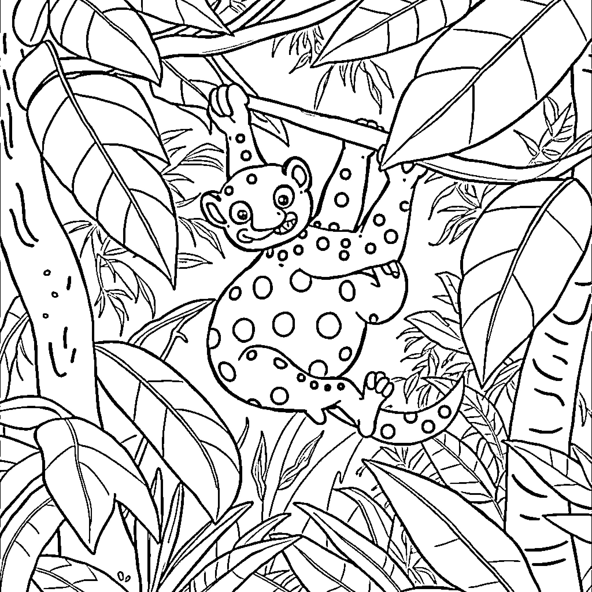 Marsupilami peeking through the jungle foliage Coloring Page (free black-and-white line drawing printable PDF for all, from beginners to advanced learners, including children, teens, adults, and seniors)