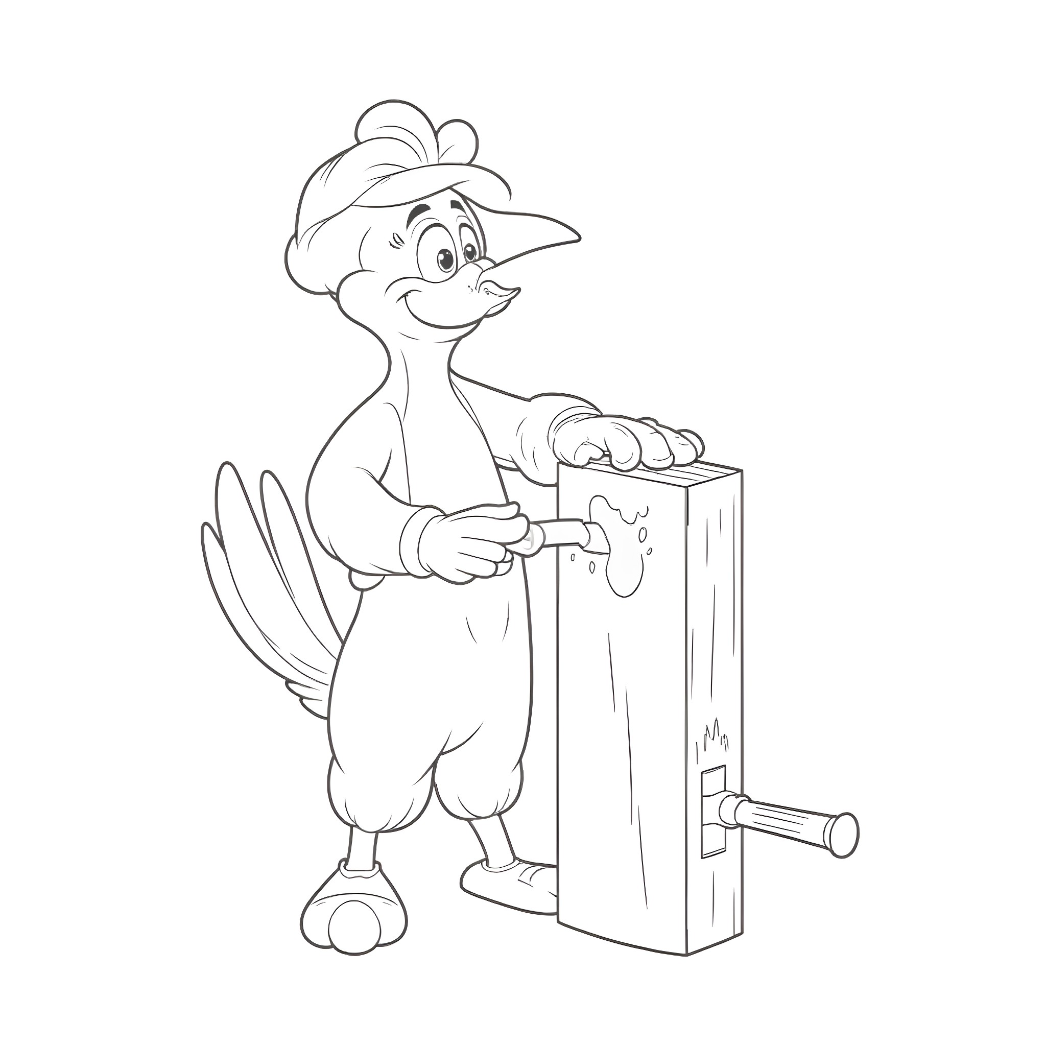 Woodpecker carrying a toolbox Coloring Page (free black-and-white line drawing printable PDF for all, from beginners to advanced learners, including children, teens, adults, and seniors)