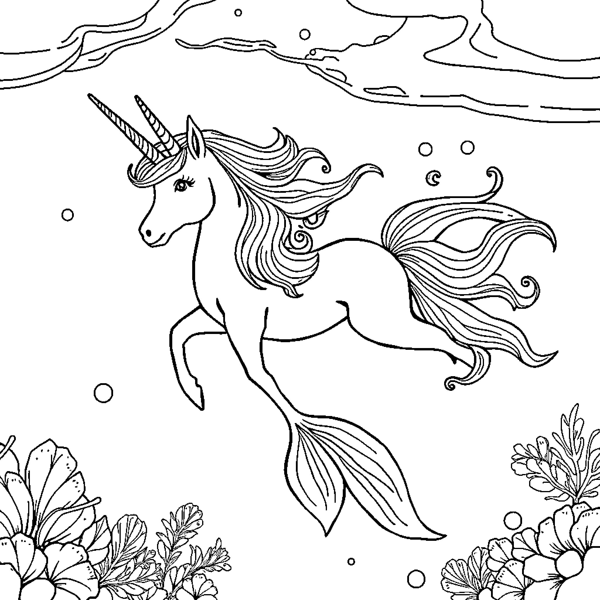 Mermaid Unicorn swimming gracefully in underwater fantasy landscape Coloring Page (free black-and-white line drawing printable PDF for all, from beginners to advanced learners, including children, teens, adults, and seniors)