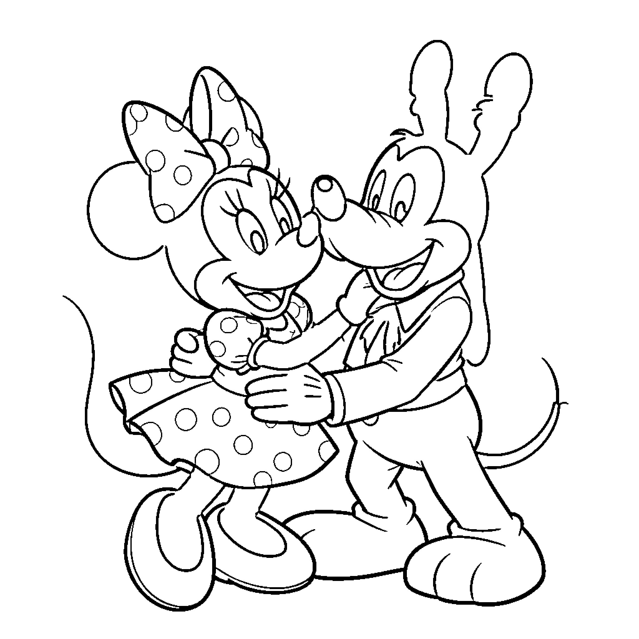 Minnie and Mickey sharing a joyful embrace Coloring Page (free black-and-white line drawing printable PDF for all, from beginners to advanced learners, including children, teens, adults, and seniors)