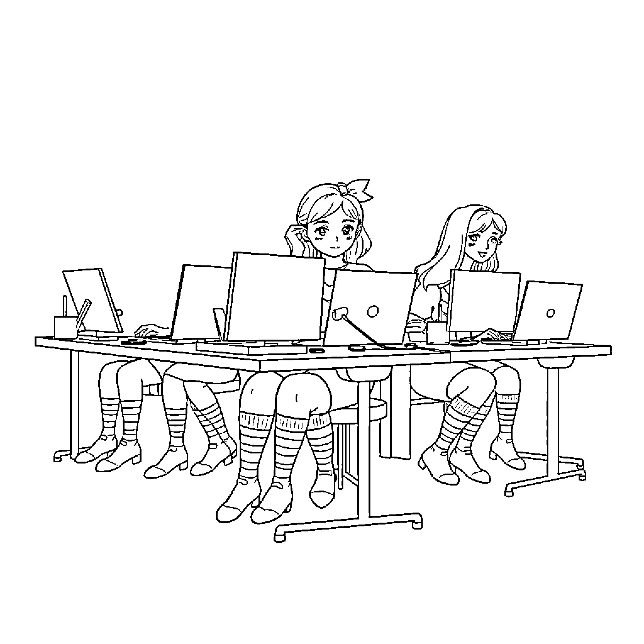 Girls working diligently at computers Coloring Page (free black-and-white line drawing printable PDF for all, from beginners to advanced learners, including children, teens, adults, and seniors)