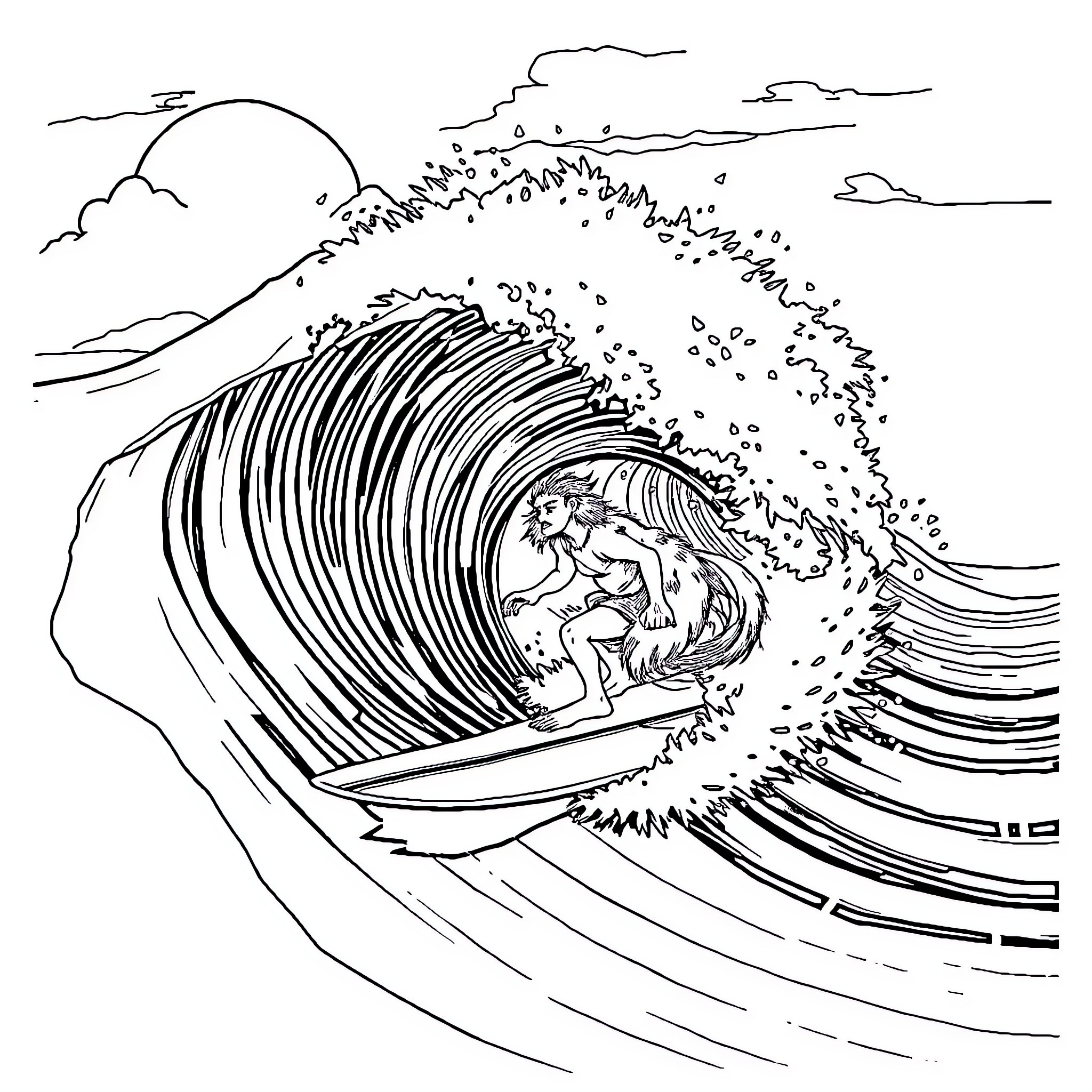 Kangaroo surfer riding giant wave Coloring Page (free black-and-white line drawing printable PDF for all, from beginners to advanced learners, including children, teens, adults, and seniors)