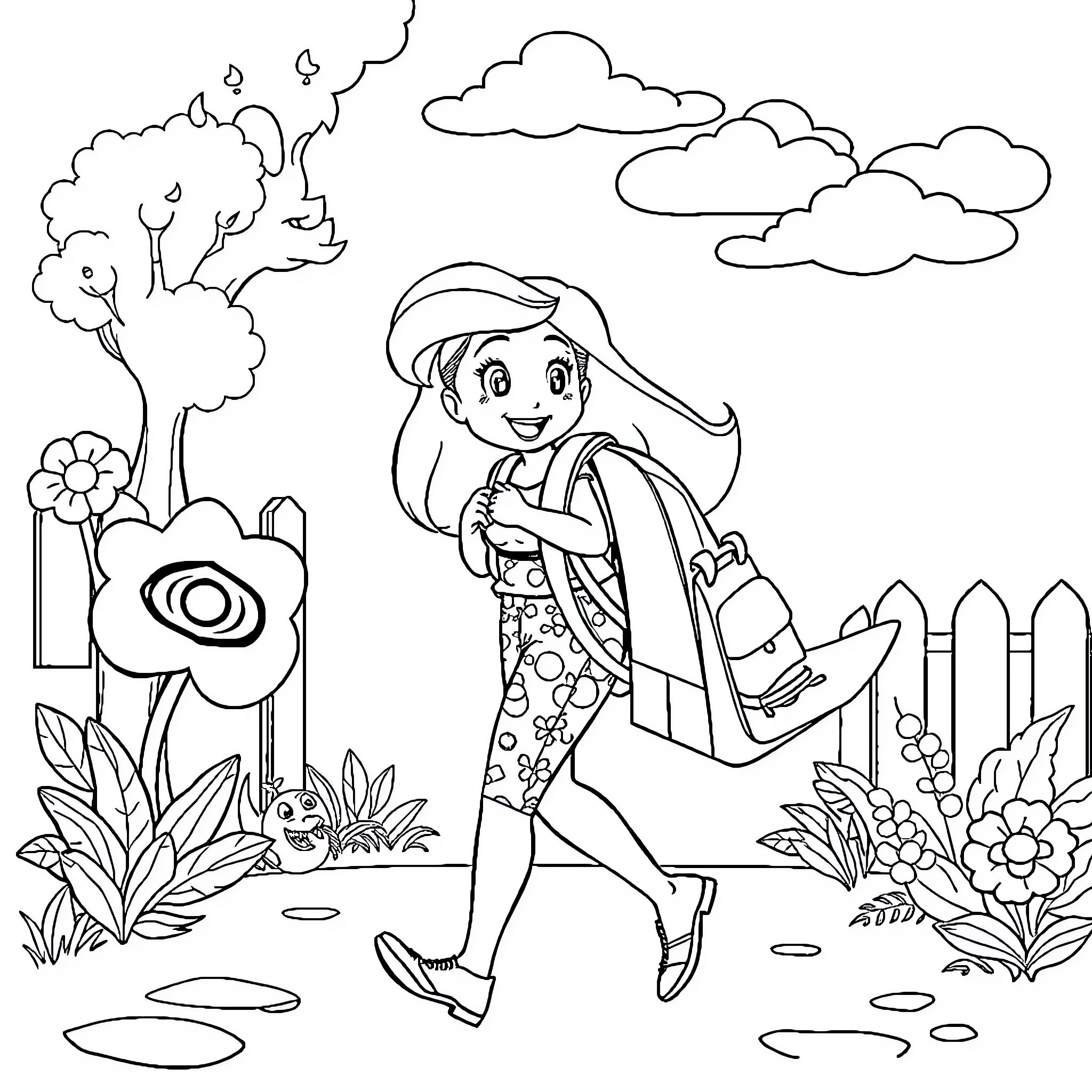 Ariel exploring the enchanting garden Coloring Page (free black-and-white line drawing printable PDF for all, from beginners to advanced learners, including children, teens, adults, and seniors)