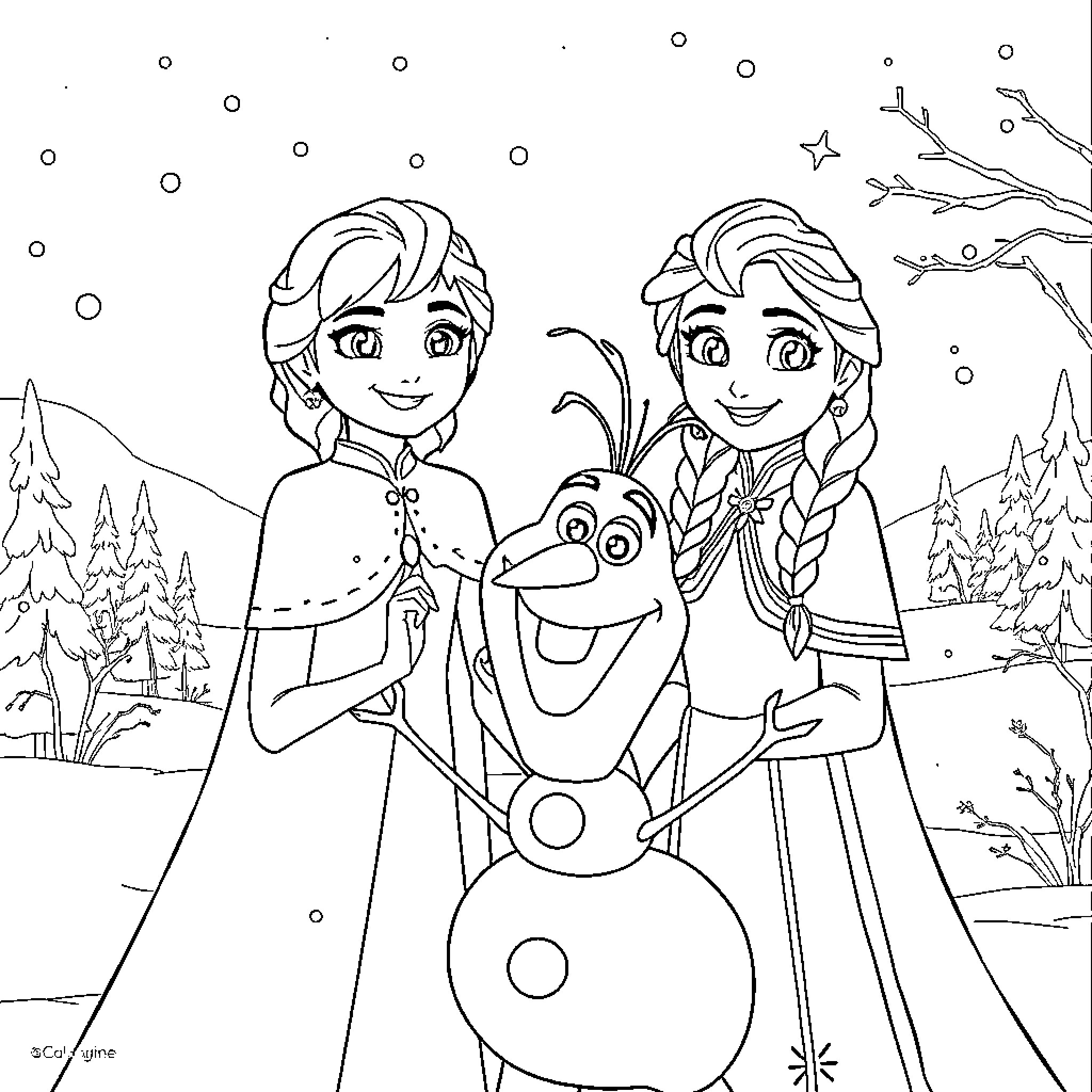Elsa and Anna Enjoy a Snowy Adventure with Olaf Coloring Page (free black-and-white line drawing printable PDF for all, from beginners to advanced learners, including children, teens, adults, and seniors)