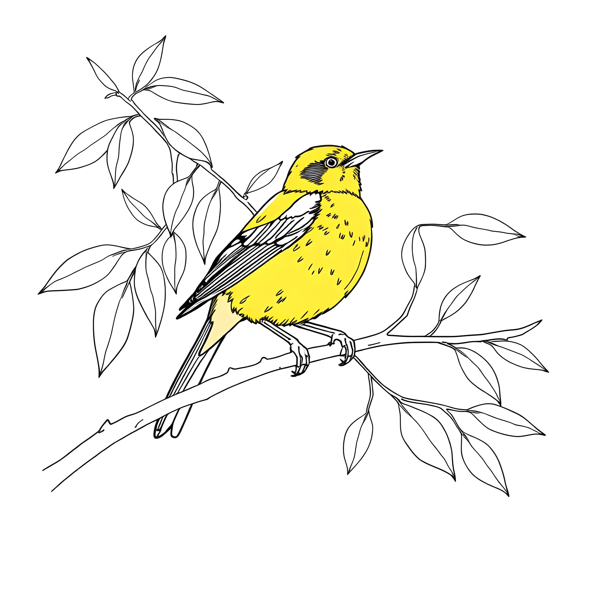 Emberiza singing sweetly on a branch Coloring Page (free black-and-white line drawing printable PDF for all, from beginners to advanced learners, including children, teens, adults, and seniors)