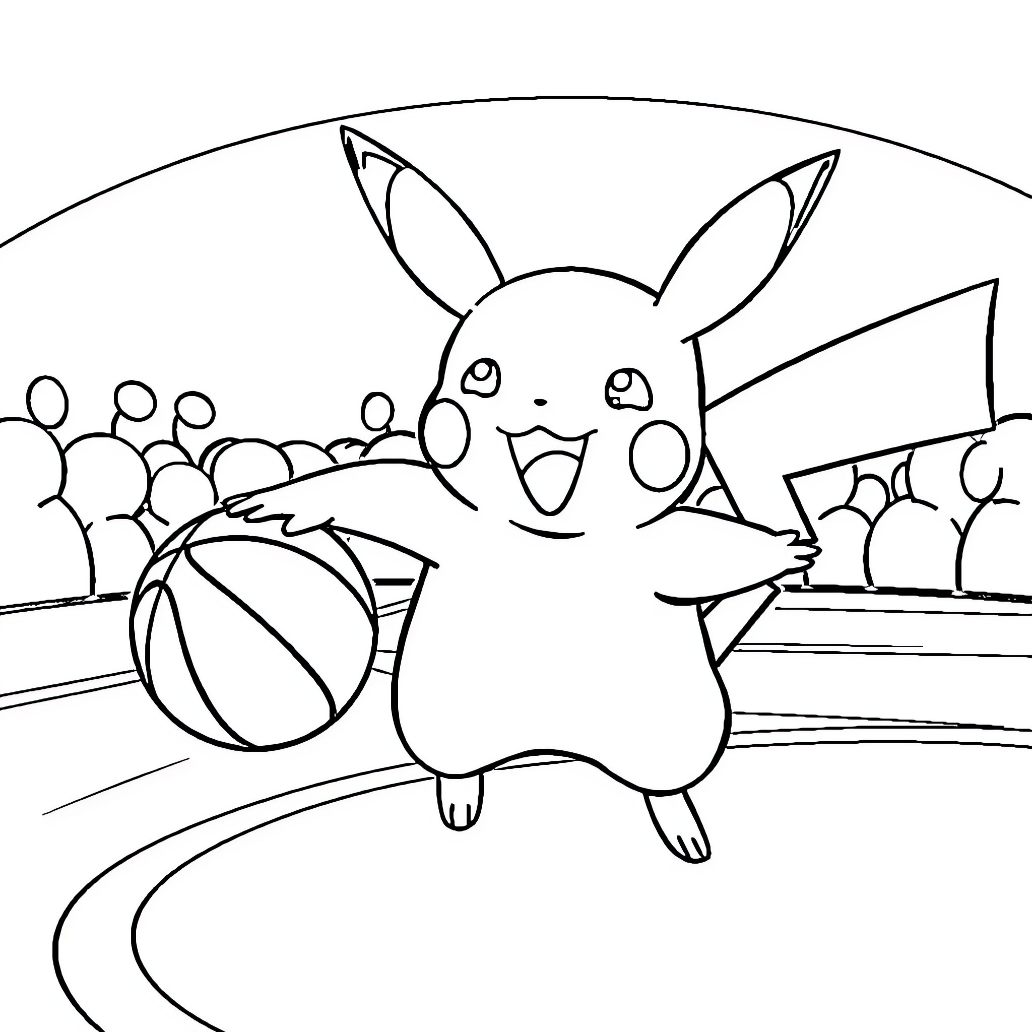 Pikachu playing with a basketball on a sports court Coloring Page (free black-and-white line drawing printable PDF for all, from beginners to advanced learners, including children, teens, adults, and seniors)