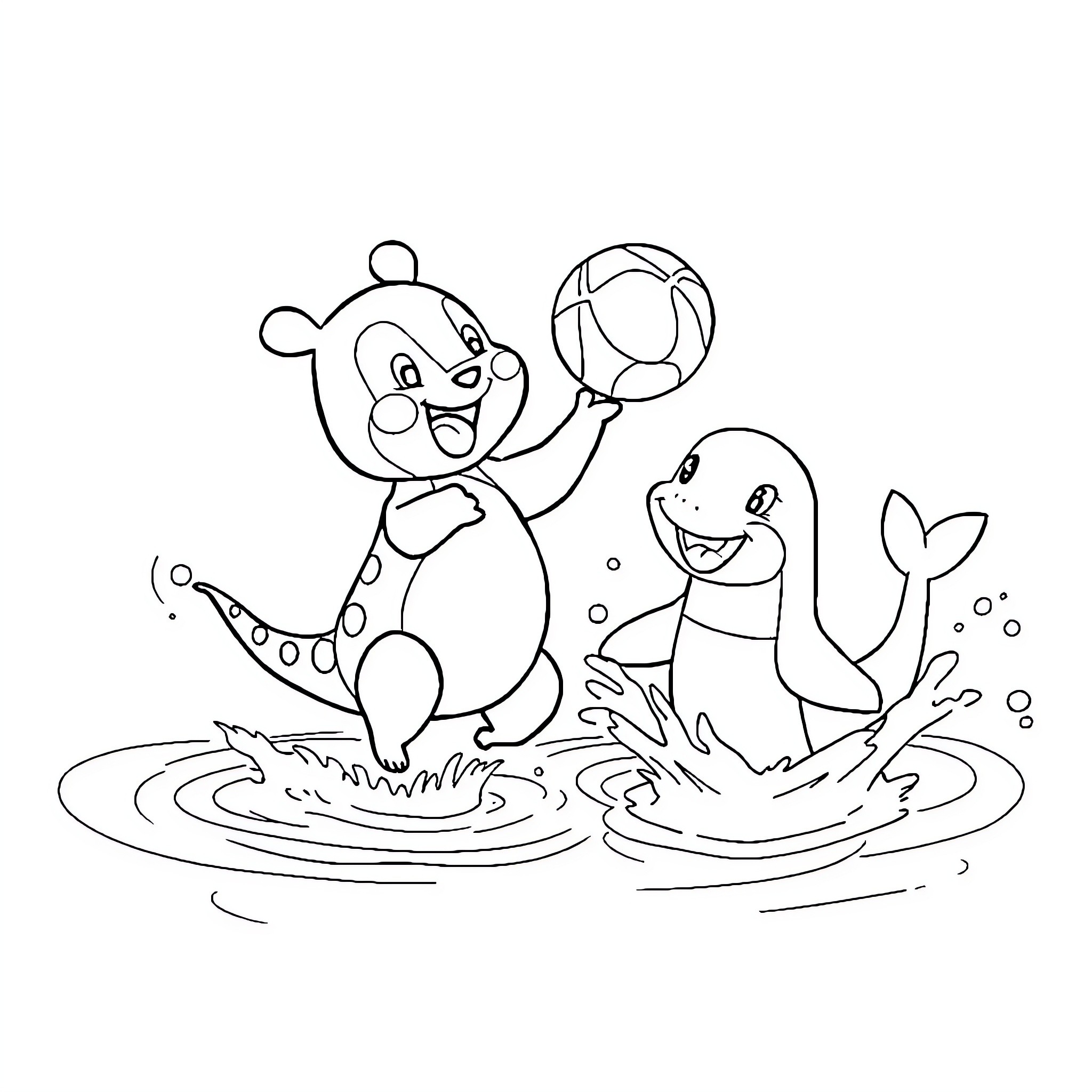 Rondoudou playing joyfully with sea creature in the water Coloring Page (free black-and-white line drawing printable PDF for all, from beginners to advanced learners, including children, teens, adults, and seniors)